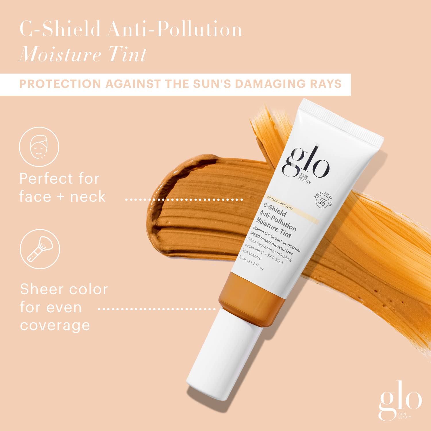 Glo Skin Beauty C-Shield Anti-Pollution Moisturizer with SPF 30 & Vitamin C - Tinted Face Moisturizer for Broad Spectrum Protection, 1.7 Oz (7W-Dark) | Daily Sunscreen & Hydration for Oily, Dry & Combination Skin | Perfect for Work, Travel & Outdoor Activities