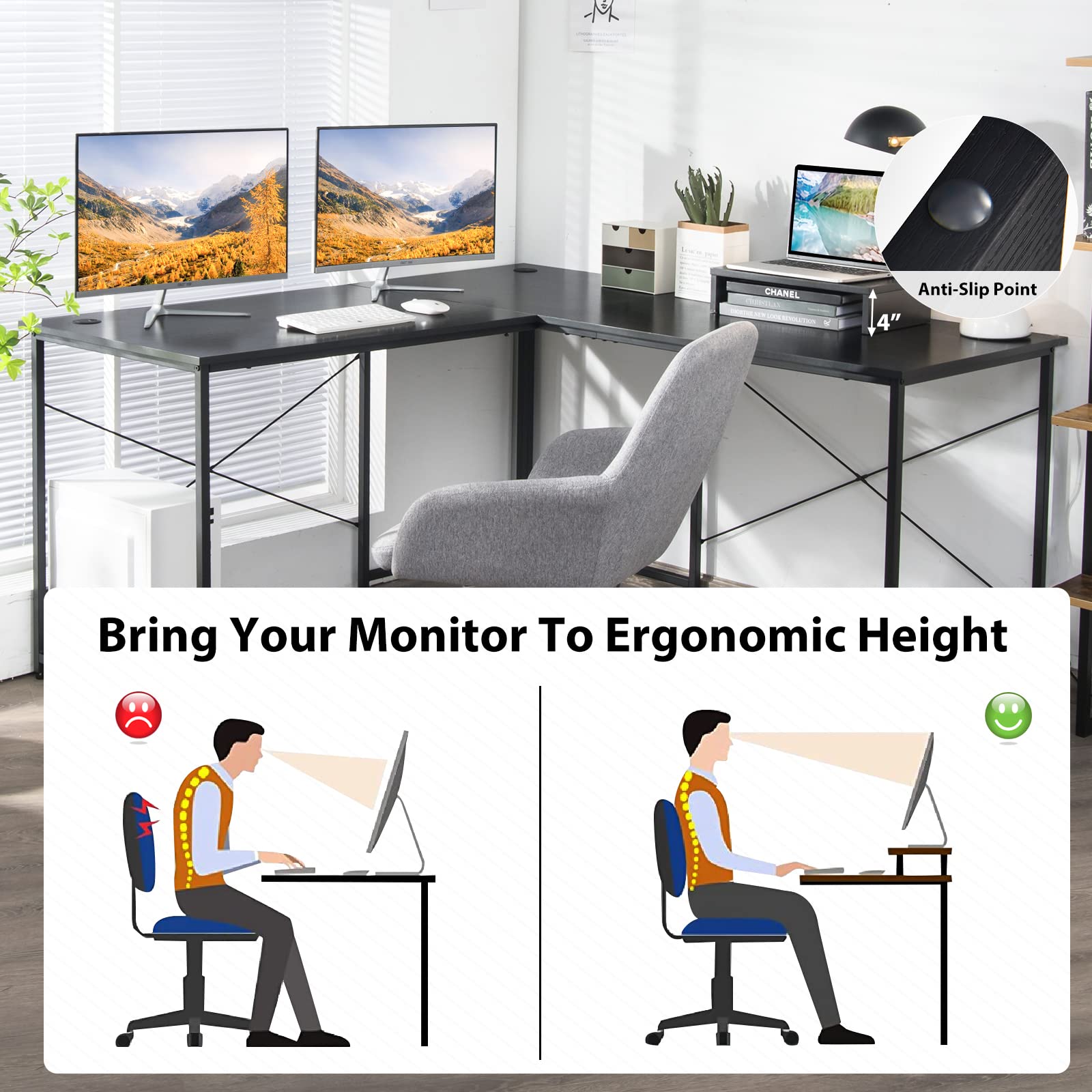 Tangkula L-Shaped Computer Desk with Monitor Stand - Reversible Corner Study Writing Desk for Home Office, 3 Cable Holes, Spacious 2-Person Workstation, Ergonomic Laptop Desk (Black) - Perfect for Small Spaces, Gaming Setup & Remote Work