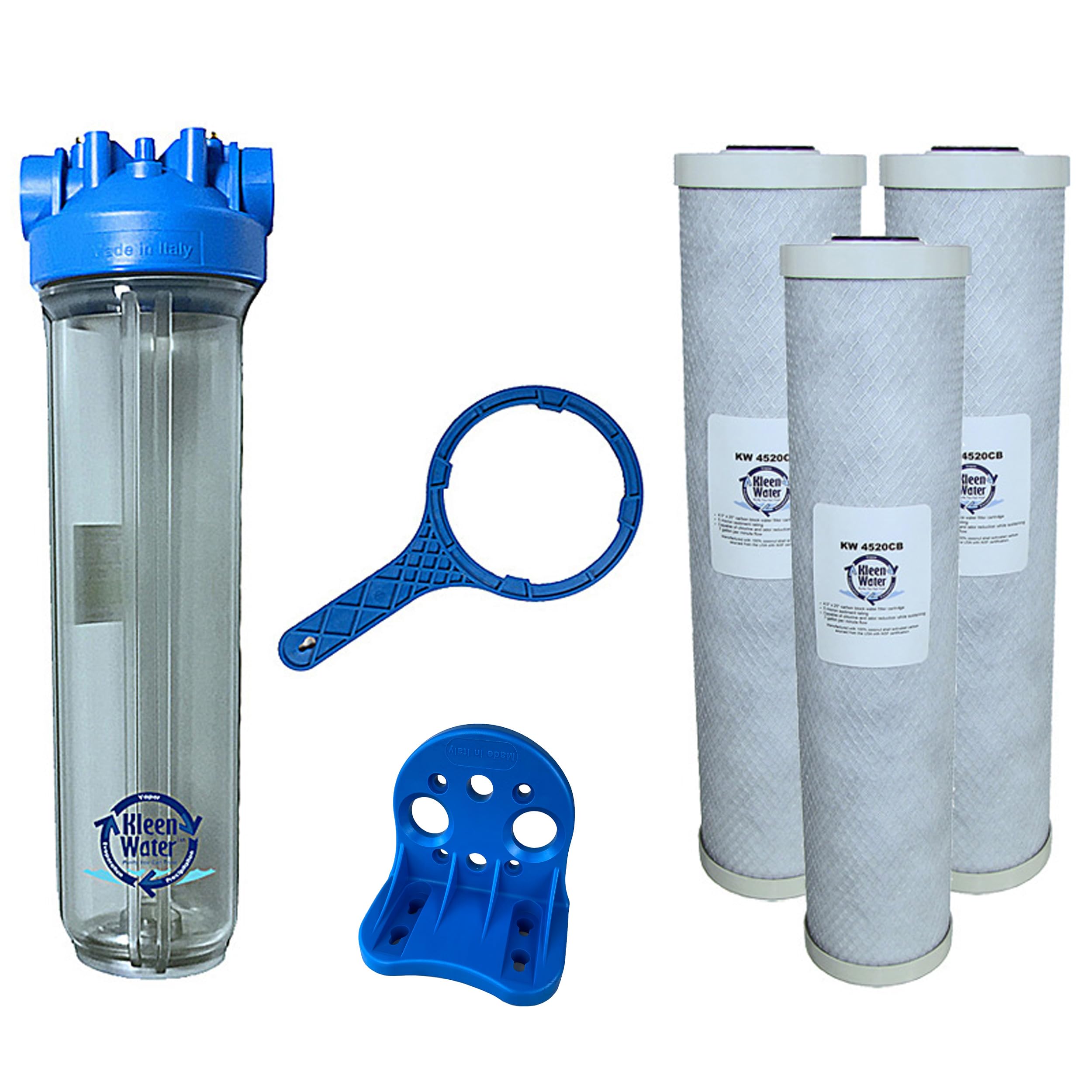 KleenWater Premier4520CL Whole House Chlorine Water Filtration System - Includes Bracket, Wrench & 3 Carbon Filter Cartridges (4.5x20