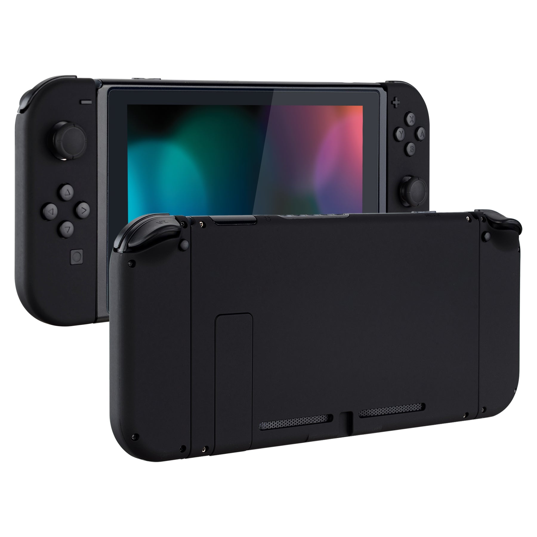 eXtremeRate Soft Touch Grip Back Cover Replacement Shell for Nintendo Switch Console & Joy-Con Controllers - Full Button Set, DIY Installation (Black, Model QP310) - Perfect for Gaming Comfort and Customization
