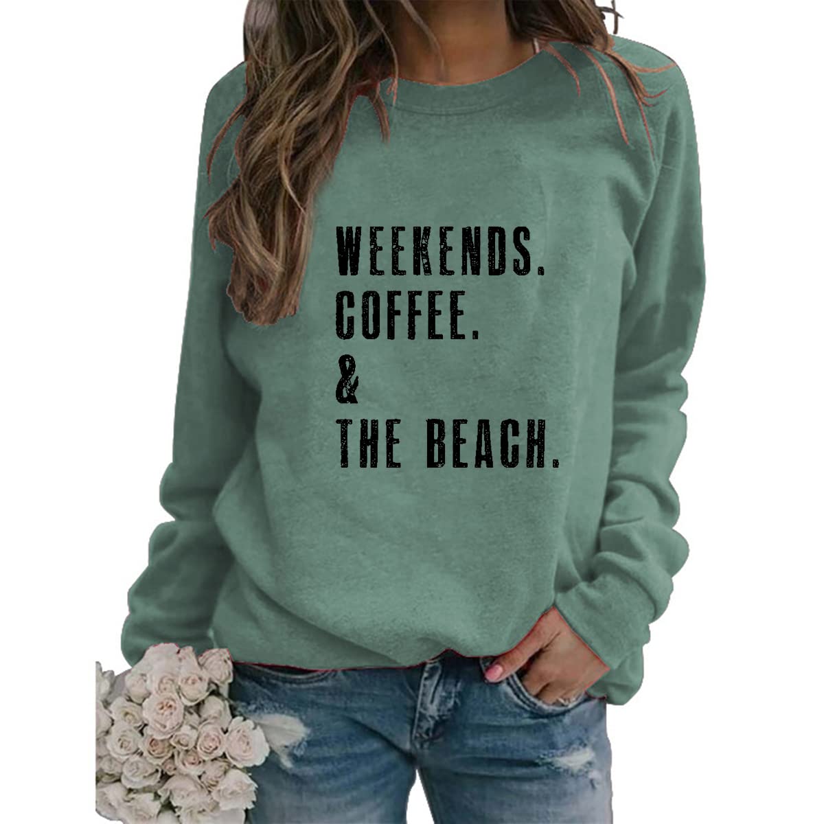 Women's Casual Loose Pullover Sweatshirt - Long Sleeve Crewneck Solid Beach Lover Top for Coffee Weekends & Coastal Getaways