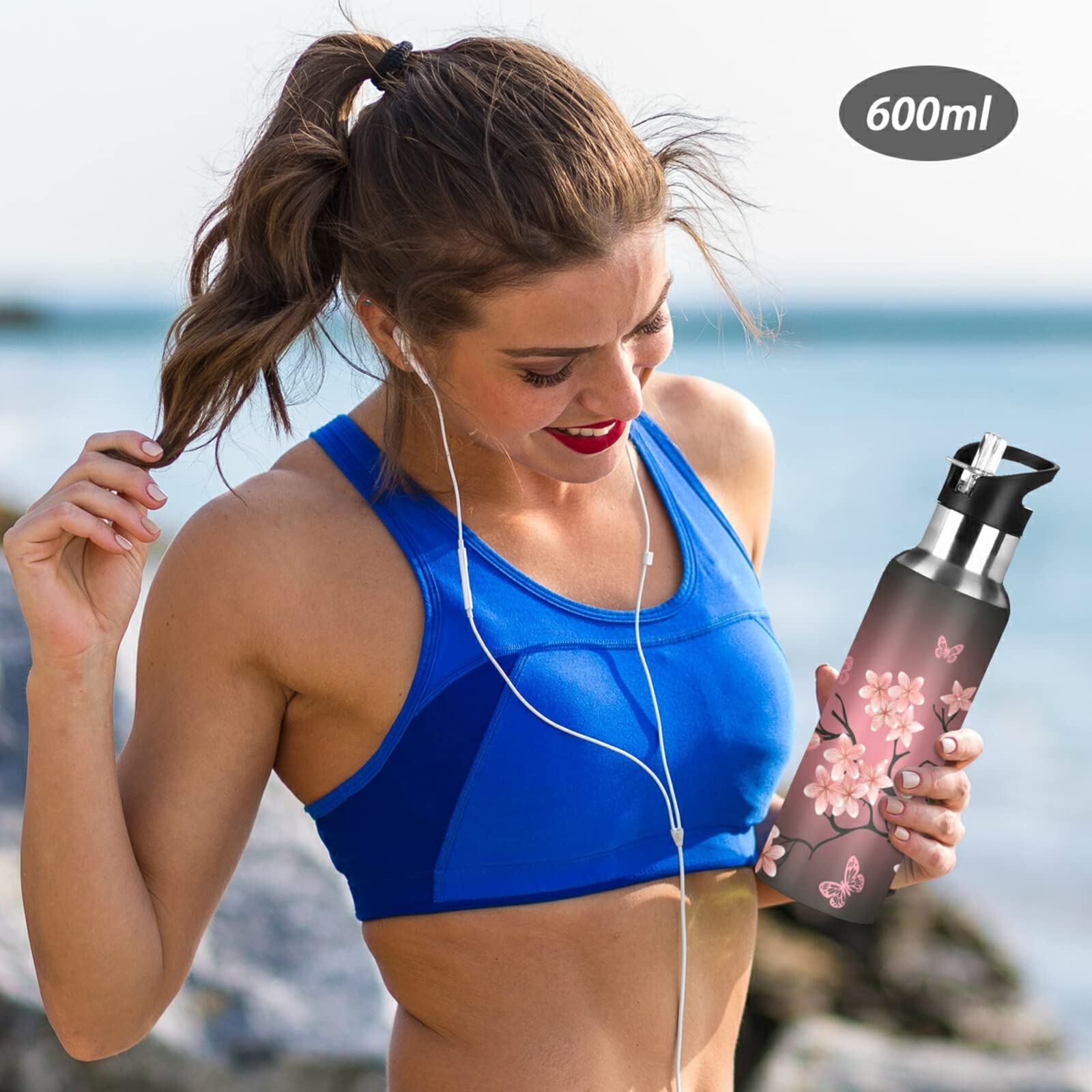 Cherry Blossom Vacuum Water Bottle 32oz - Insulated Stainless Steel Thermo Flask with Straw Lid for Travel & Gym