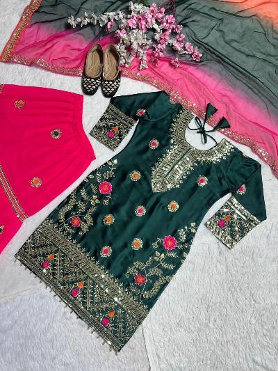 Timeless Bottle Green & Pink Malay Silk Sharara Suit - Premium Handmade Pakistani Wedding Outfit for Women - UK Next Day Delivery - Perfect for Bridal, Mehndi & Festive Occasions