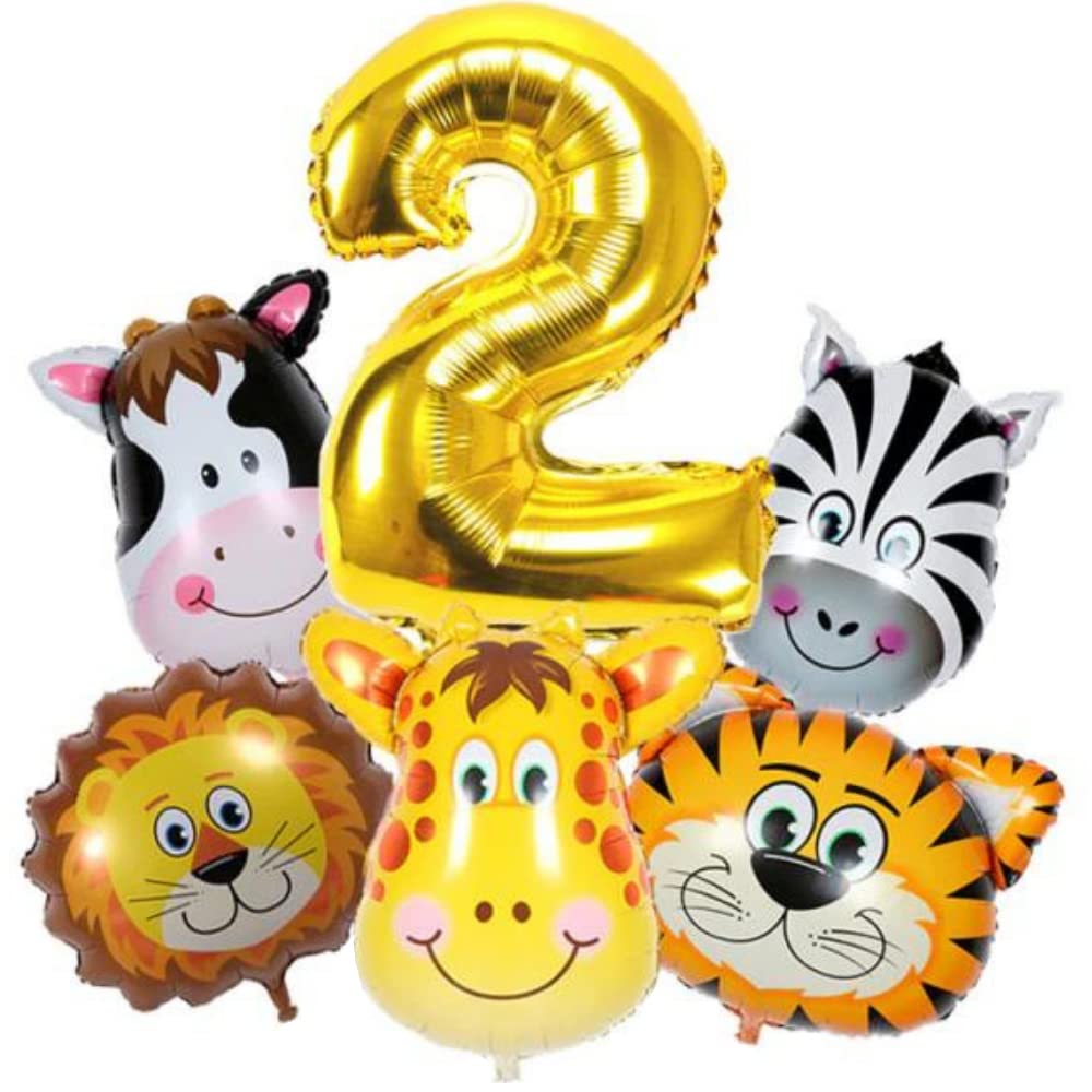 DIWULI Safari Animal Balloons Set - Number 2 Balloon Decorations for Jungle Zoo Wild Theme Birthday Parties (Lion, Giraffe, Tiger, Cow, Zebra) - Perfect for 2nd Birthday Decor, Baby Showers & Safari-Themed Events