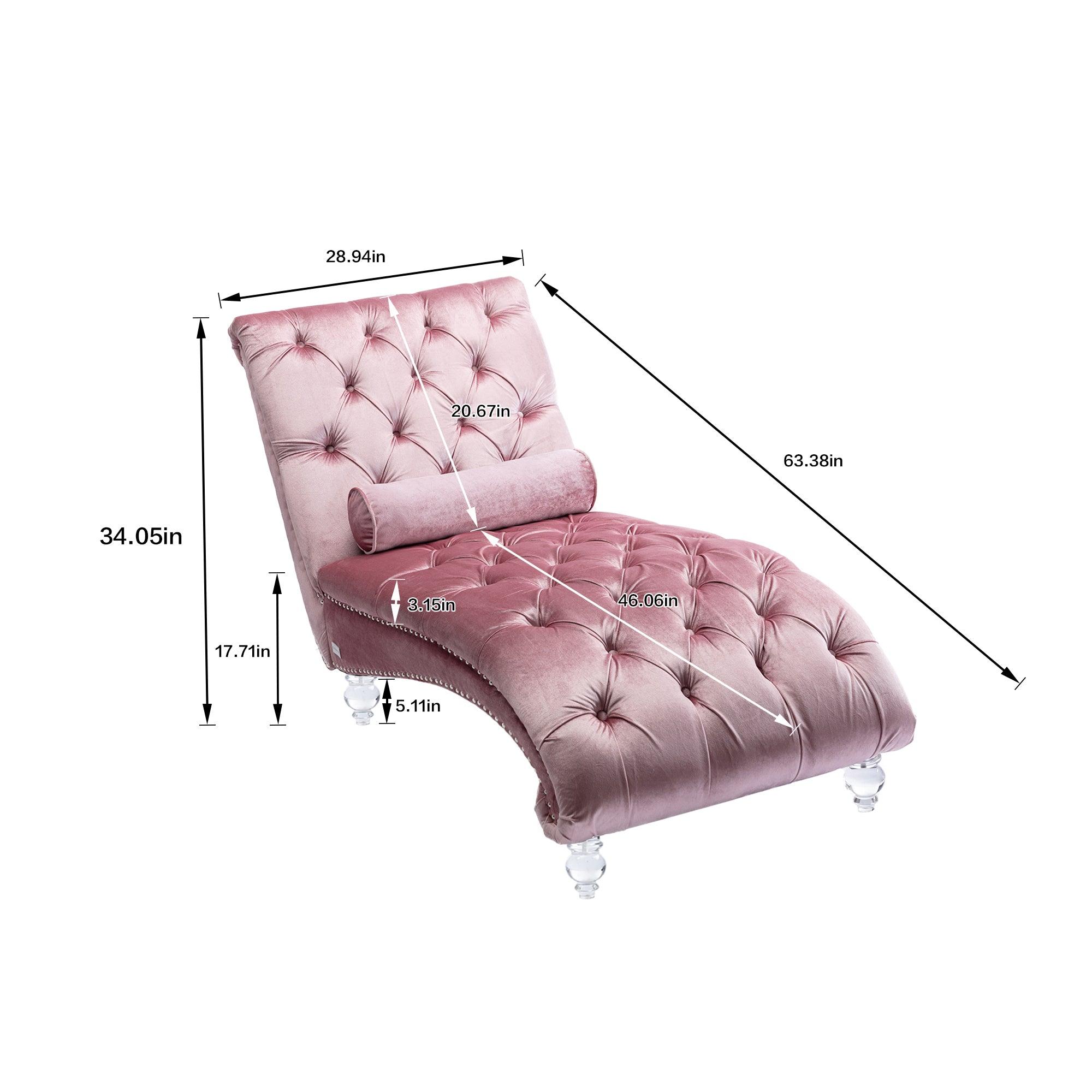 Luxury Velvet Chaise Lounge Chair - Button Tufted Upholstered Sofa with Pillow for Bedroom, Living Room & Office - Pink Velvet Chaise Lounge - Perfect for Reading Nook, Home Decor & Relaxation