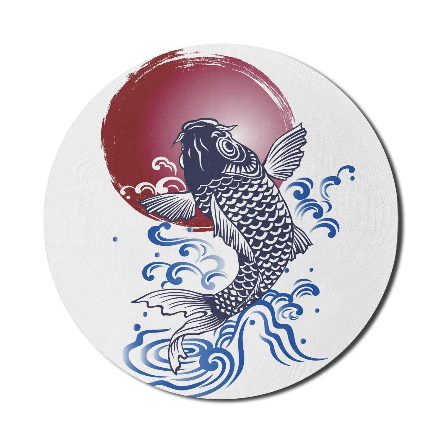 Ambesonne Japanese Koi Fish Mouse Pad - 8 Inch Round Non-Slip Rubber Gaming Mousepad with Red Circle Water Splash Design - Perfect for Computer, Office & Gaming Setup (White)