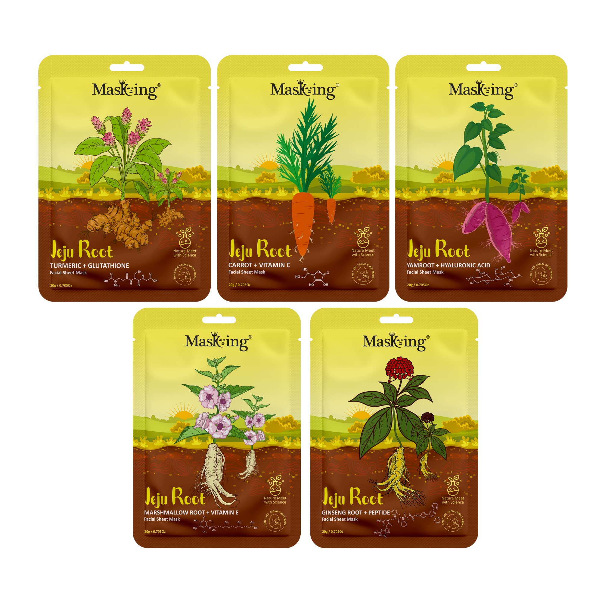 Jeju Root Face Sheet Mask Combo for Skin Cleansing & Calming - 5 Pack, Hydrating & Soothing Facial Mask for Women & Men, Perfect for Daily Skincare Routine & Relaxation