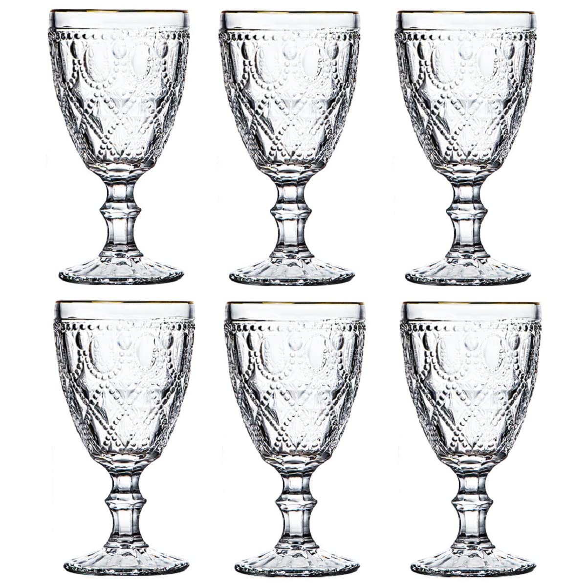 Elegant Diamond Embossed Gothic Gold Rim Red Wine Glasses - Set of 6 Vintage Colored Glassware for Wedding, Halloween & Special Occasions - Perfect for Dinner Parties, Romantic Dates & Home Decor