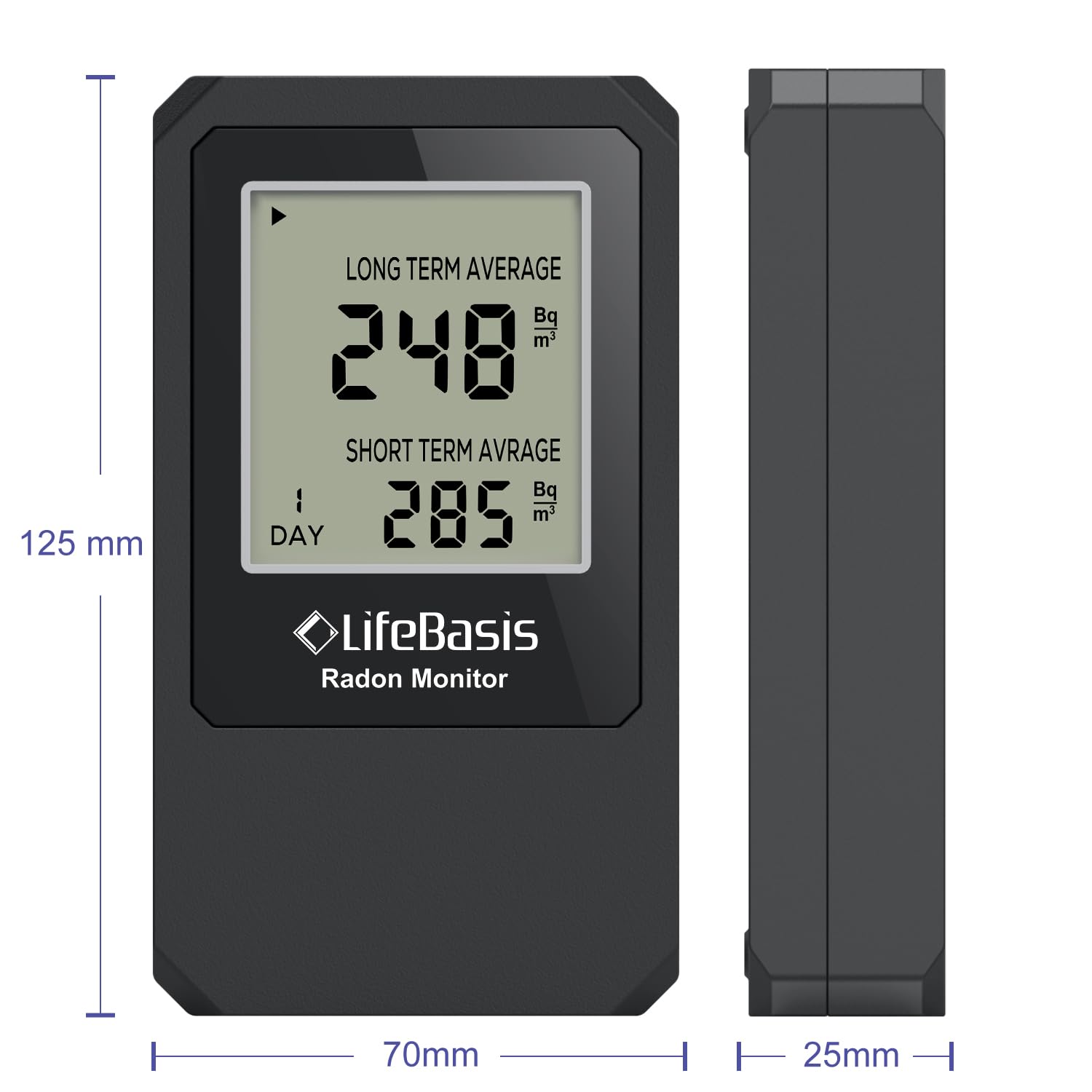 Life Basis Radon Detector for Home - Portable Radon Tester with Large Screen, Long & Short Term Monitoring, Battery Operated (Canadian Version in Bq/m) - Black | Ideal for Basement, Bedroom & Office Air Quality Testing