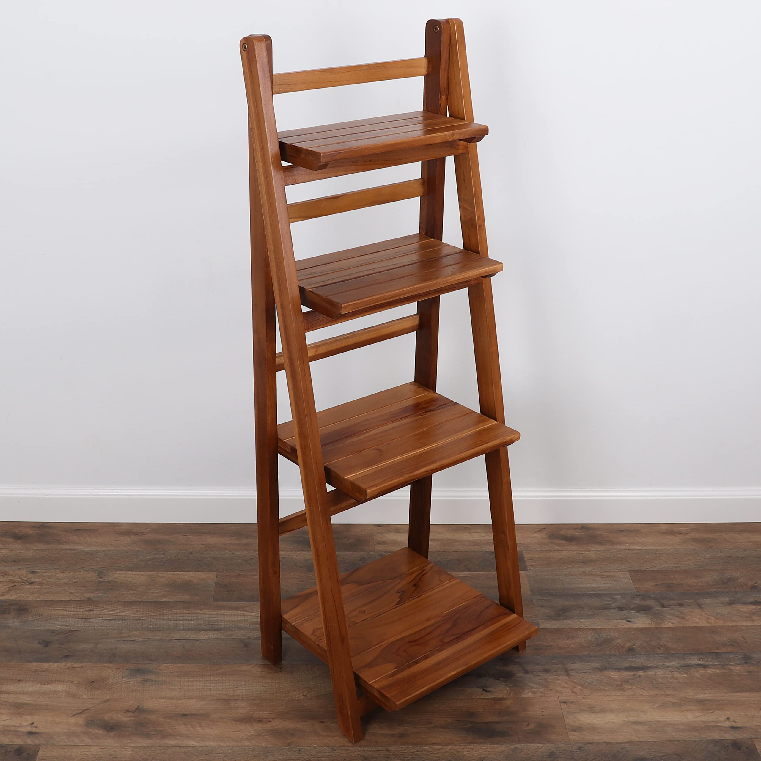 Milltown Merchants Teak Wood Ladder Shelf - Rustic Leaning Bookcase for Home & Office - Foldable Boho Bookshelf for Living Room, Bedroom & Dorm Decor