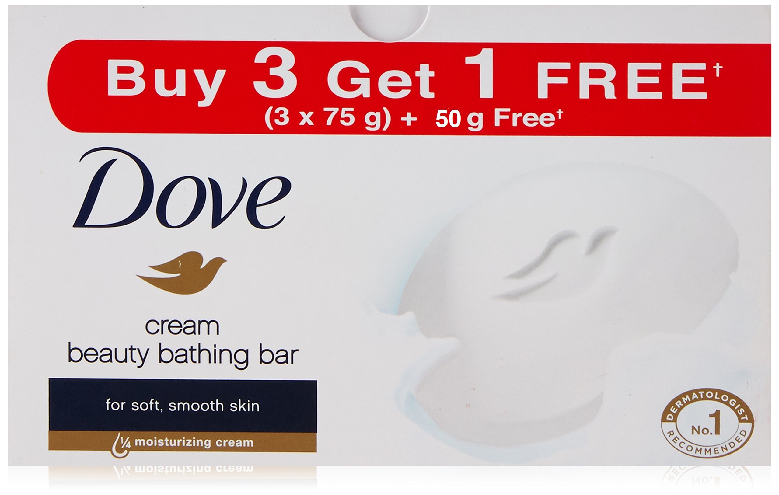 Dove Cream Beauty Bathing Bar Soap for Soft & Smooth Skin, 75g (Pack of 3) + Free 50g - Gentle Moisturizing Body Wash for Daily Shower & Bath