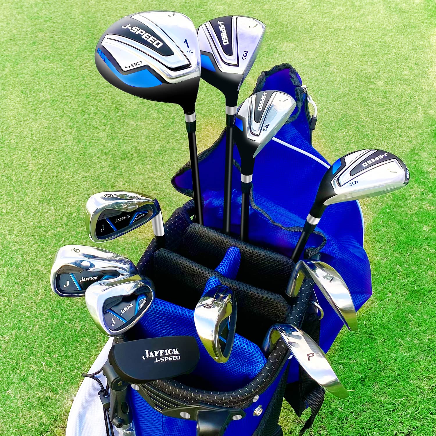Jaffick 12-Piece Complete Golf Club Set for Men - Includes #3 Driver, Fairway Woods, 4 & 5 Hybrids, 6-9 Irons, Pitching & Sand Wedge, Putter & Stand Bag - Perfect for Beginners & Intermediate Golfers on the Course