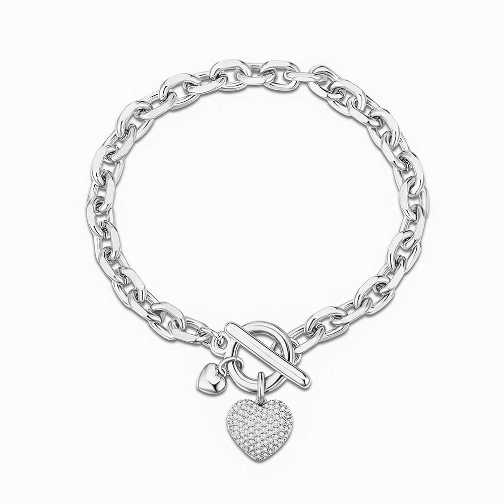CZ Heart Charm Bracelet for Women - Gold & Silver Plated Link Chain Bracelet - Elegant Jewelry Gift for Her - Perfect for Valentine's Day, Anniversary & Special Occasions
