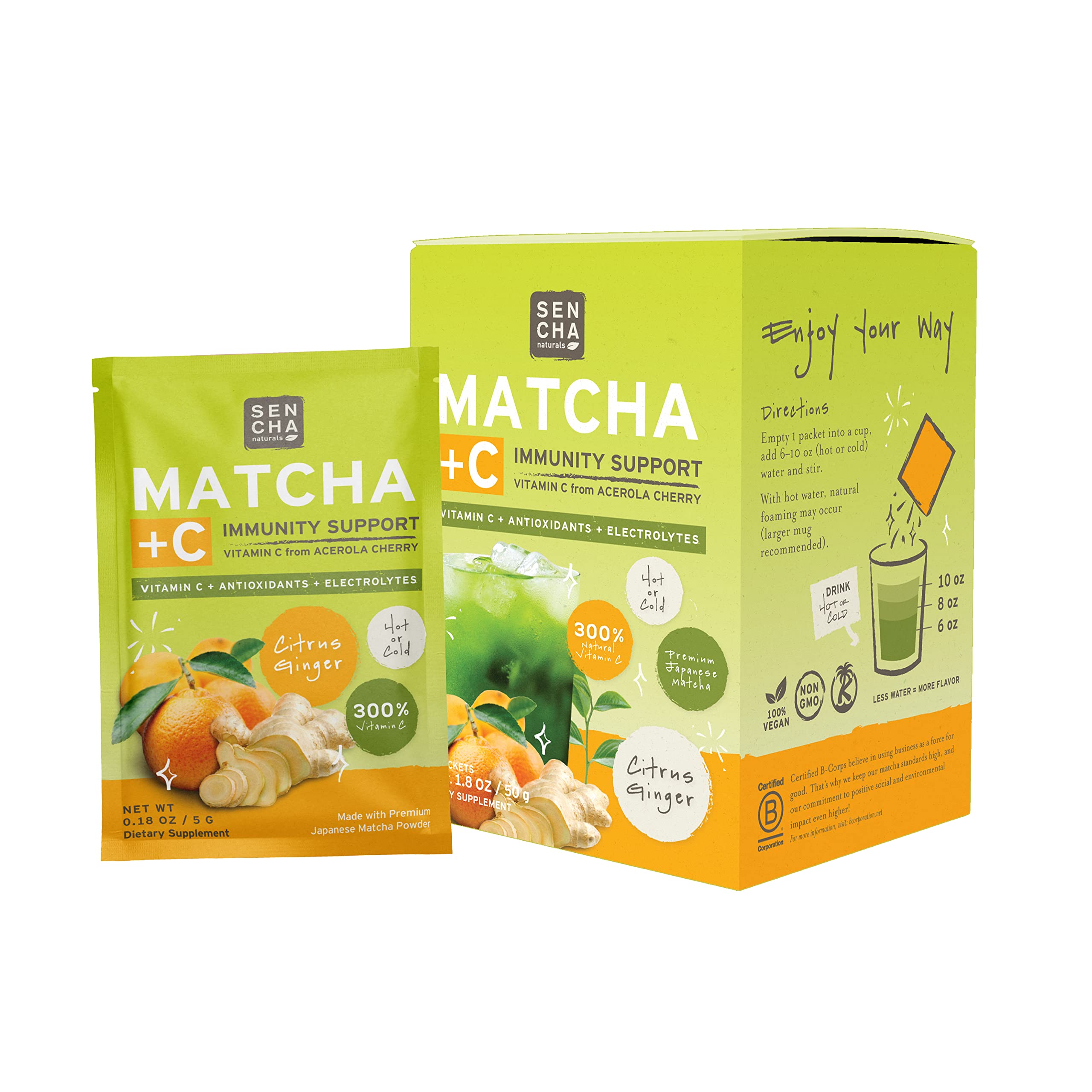 SEN CHA Naturals Citrus Ginger Green Tea with Vitamin C - Effervescent Drink Mix with Japanese Matcha Powder, Acerola Cherry & Coconut Water - Immune Support & Energy Boost - Pack of 10 - Perfect for Morning Refreshment & Workout Recovery