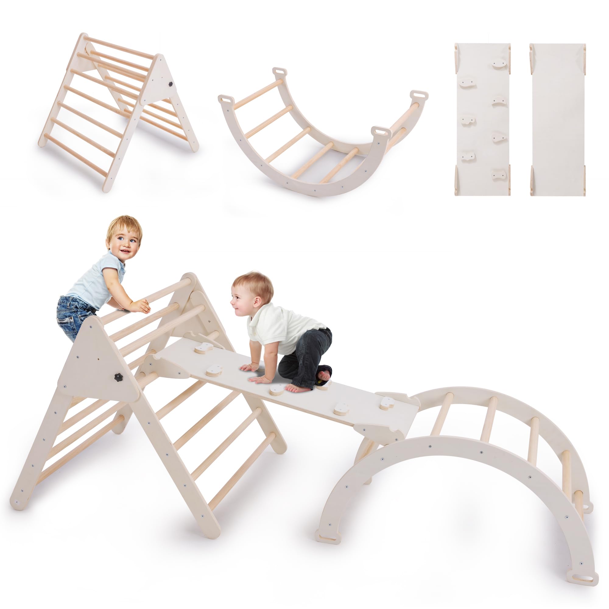 Foldable 5-in-1 Pikler Triangle Set with Arch, Ramp & Climbing Triangle - Montessori Wooden Climbing Toy for Toddlers Ages 2-6 - Indoor Play Gym for Kids - Natural Wood - Perfect for Home Playrooms, Daycares & Montessori Classrooms