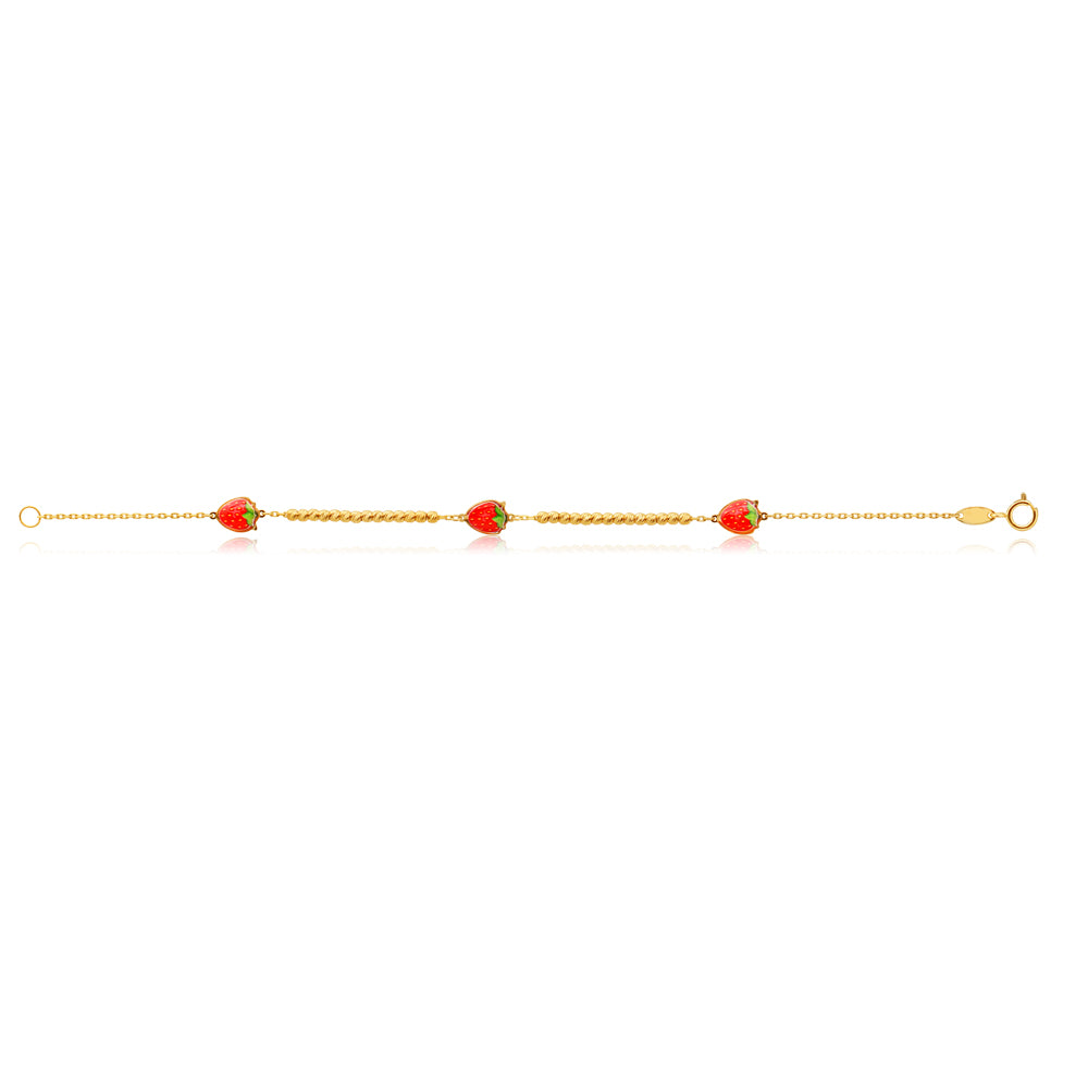 9ct Yellow Gold 16cm Charm Bracelet with 3 Red Strawberry Charms - Perfect for Women's Fashion, Gift Giving & Everyday Wear