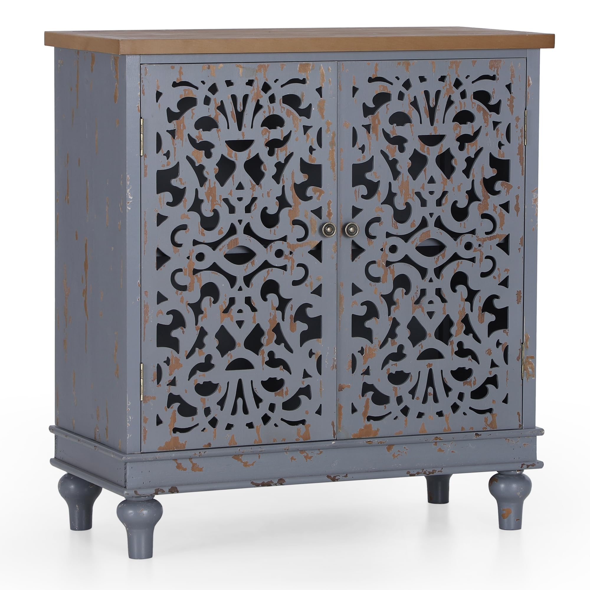 MAISON ARTS Distressed Grey Farmhouse Accent Cabinet with Hollow Carved Doors - Rustic Storage Cabinet for Entryway, Living Room & Bedroom Decor | Perfect for Home Organization & Farmhouse Style Decorating