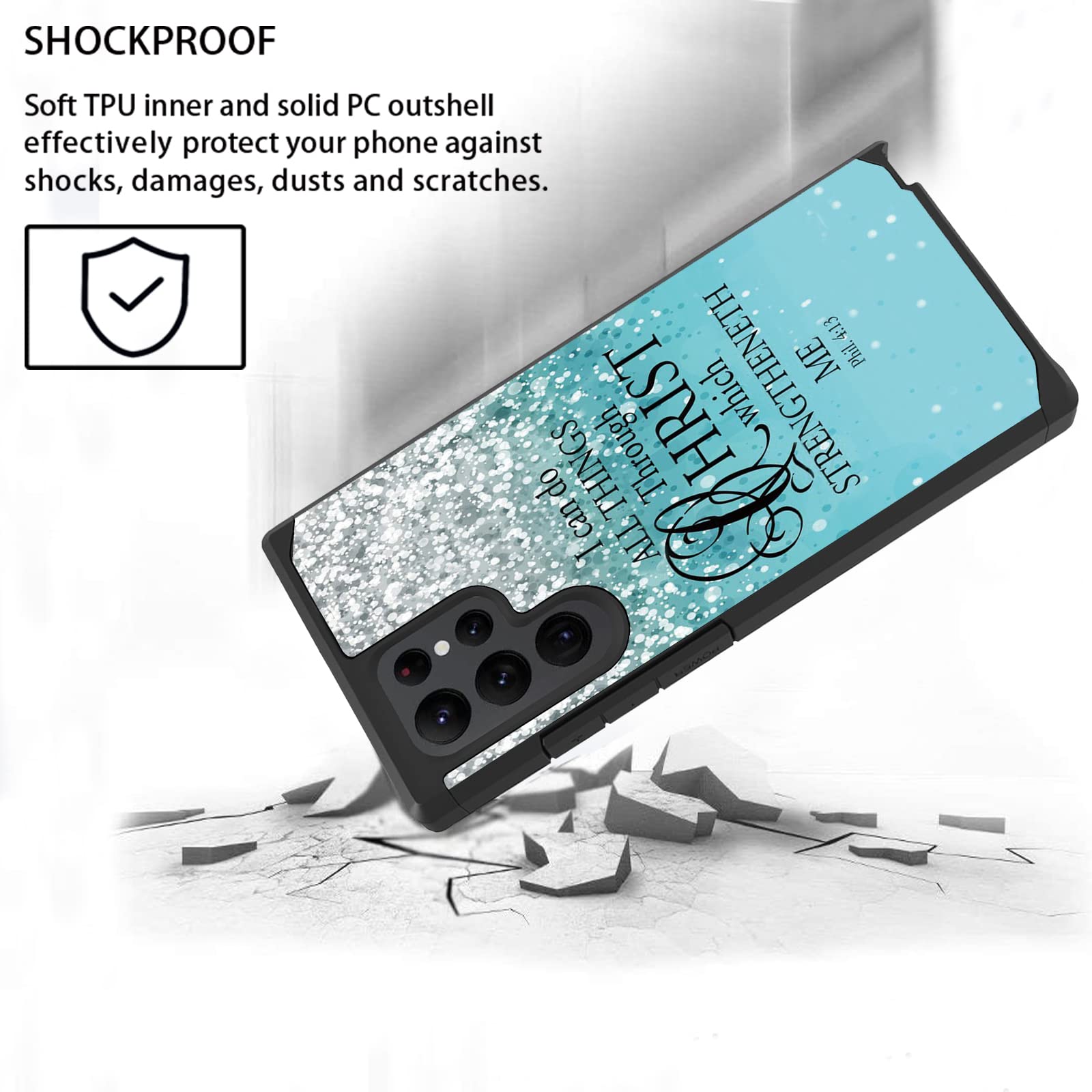 Samsung Galaxy S22 Ultra Case - Hybrid Hard PC & Soft Silicone Dual Layer Shockproof Protective Cover with Bible Verse Phil 4:13 - Perfect for Daily Use, Travel, and Outdoor Activities