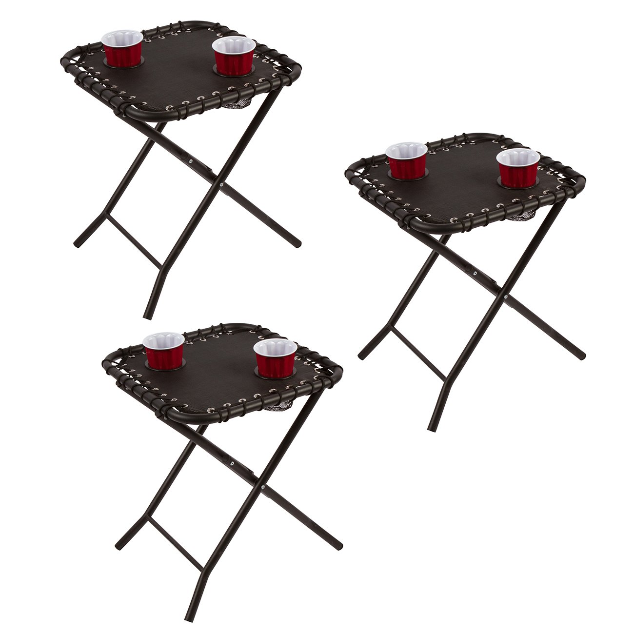 Trademark Innovations 17.5 Inch Portable Folding Side Table with Mesh Cup Holders - Lightweight Outdoor Camping Table for Patio, Picnic, Beach, RV & Tailgating (Set of 3)