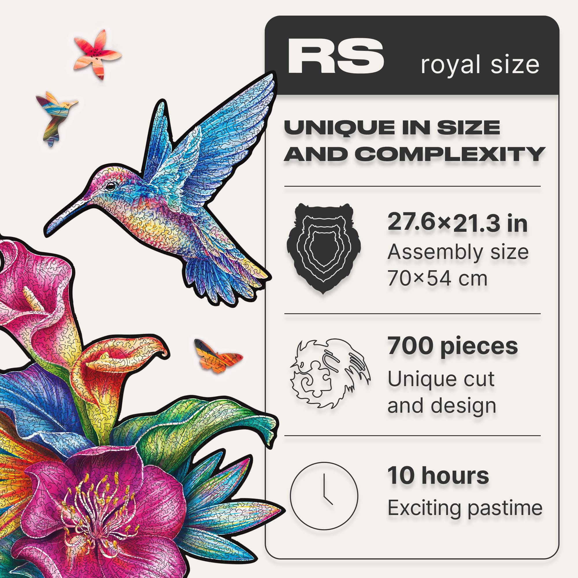 UNIDRAGON Original Wooden Jigsaw Puzzle - 700 Piece Elusive Colibri Hummingbird Art, Large 27.6x21.3 Inches, Unique Shaped Pieces, Premium Gift Box for Adults & Kids - Perfect for Family Game Night, Home Decor & Stress Relief