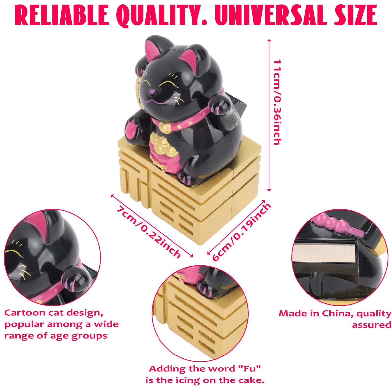 Solar Powered Waving Arm Smiling Cat - Black Solar Panel Fortune Cat Decoration for Car Dashboard, Home, Office & Garden Decor | Cute Gift Idea for Cat Lovers