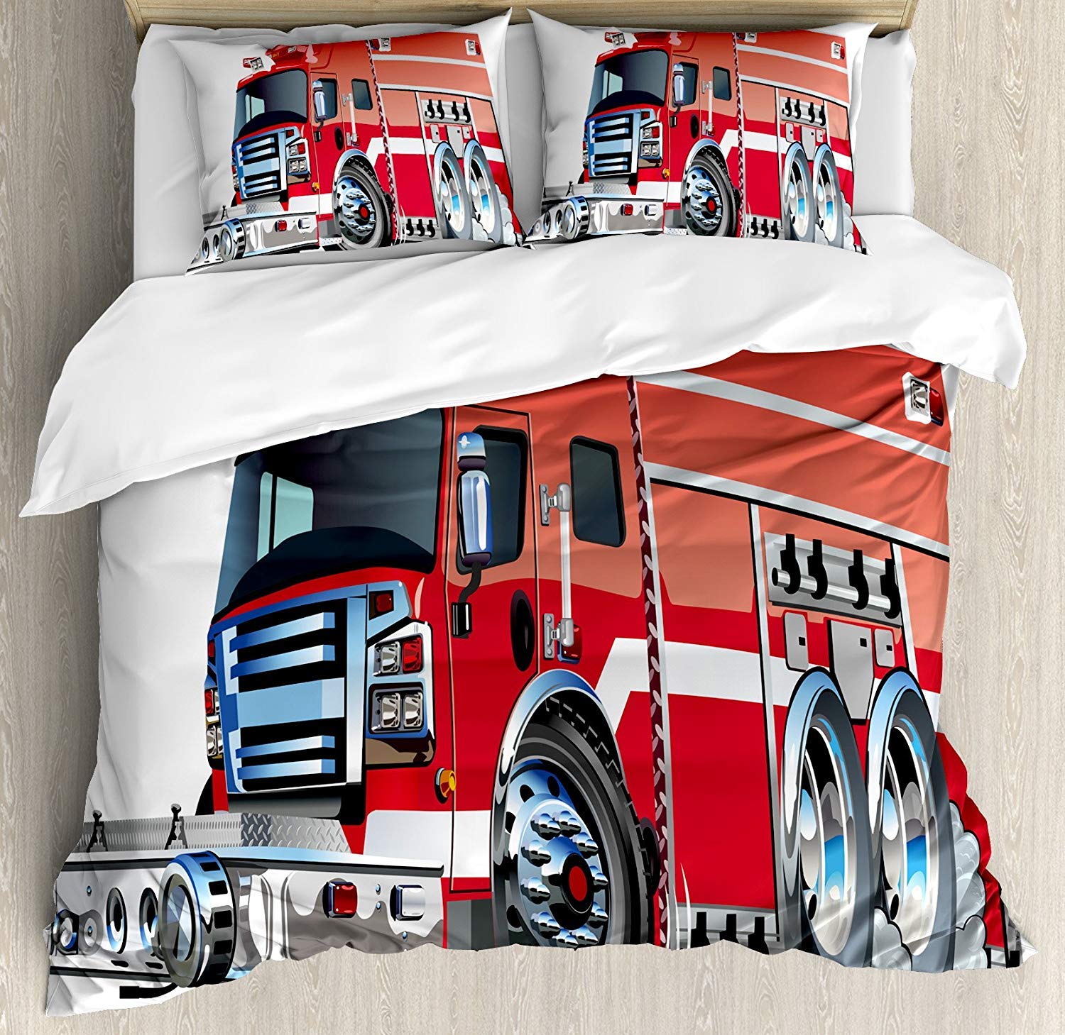 3-Piece Fire Truck Bedding Set - Emergency Rescue Team Cartoon Duvet Cover & Pillowcases for Kids, Teens & Adults - Queen Size Car-Themed Bedding for Boys' Rooms & Themed Bedrooms
