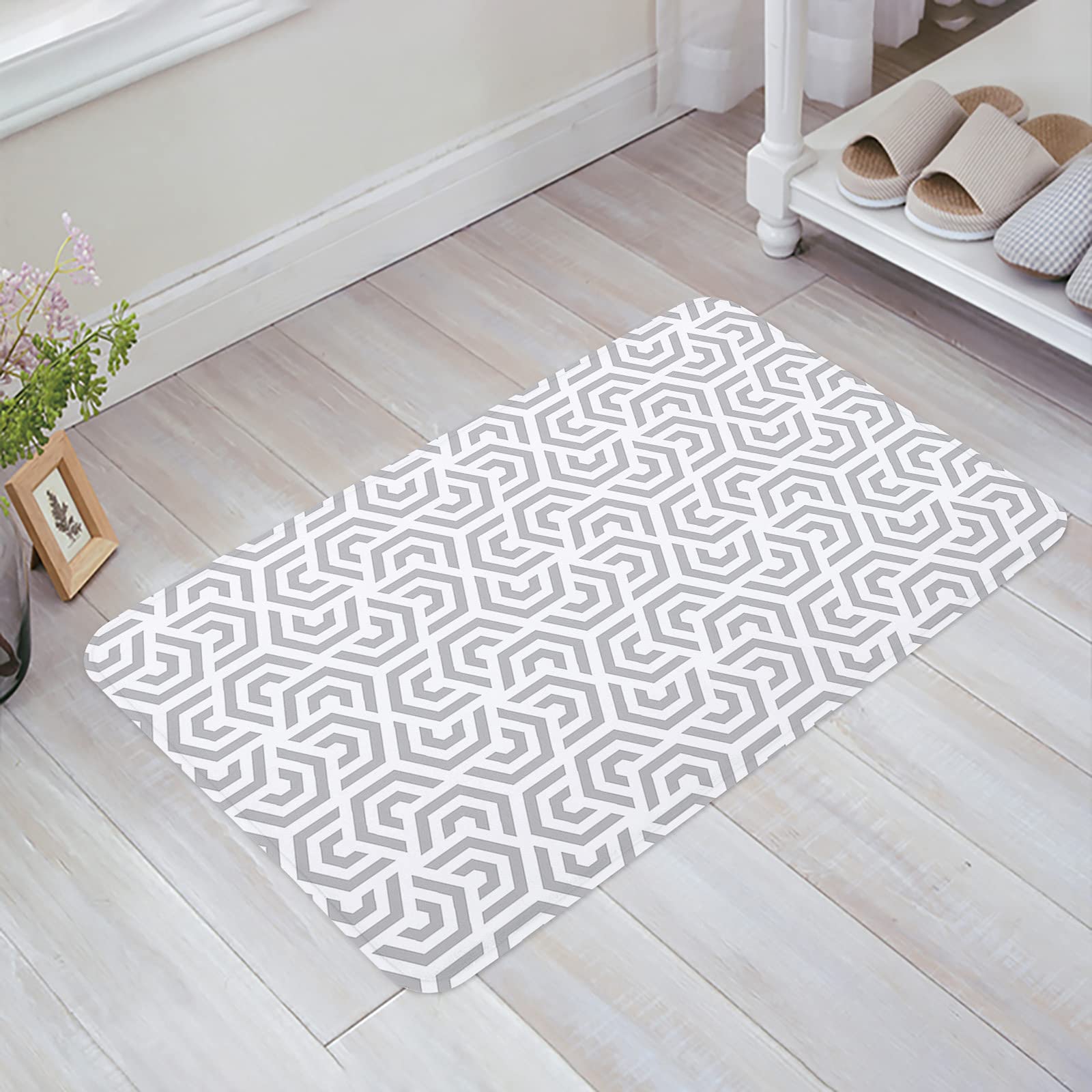 Non-Slip Hexagon Geometric Door Mat - Grey & White Washable Memory Foam Bath & Kitchen Rug (18