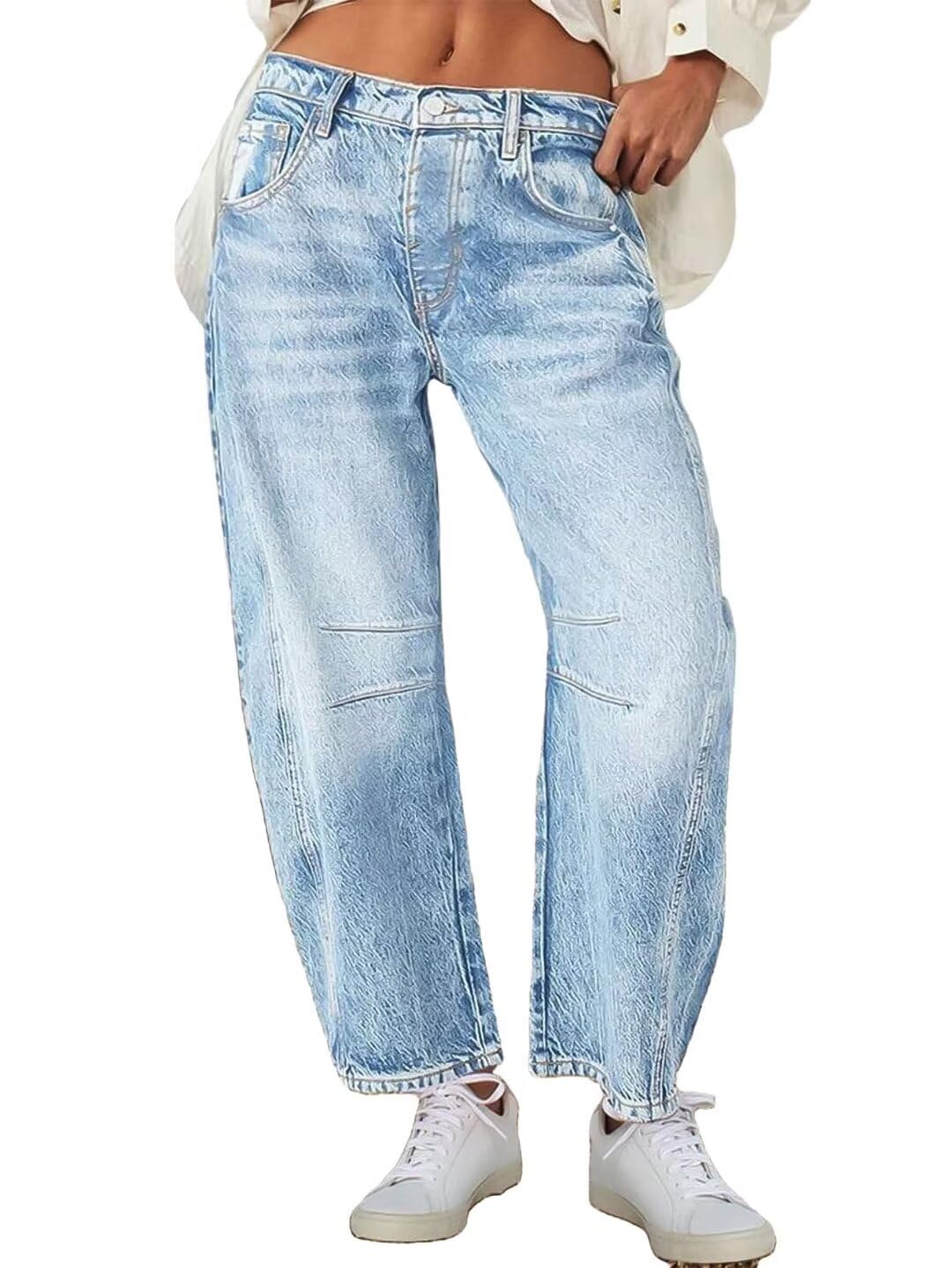 Flamingals Women's Wide Leg Mid Waist Barrel Jeans - Light Blue Denim Pants | Casual Cropped Baggy Jeans for Everyday Wear, Street Style & Weekend Outfits (Size M)