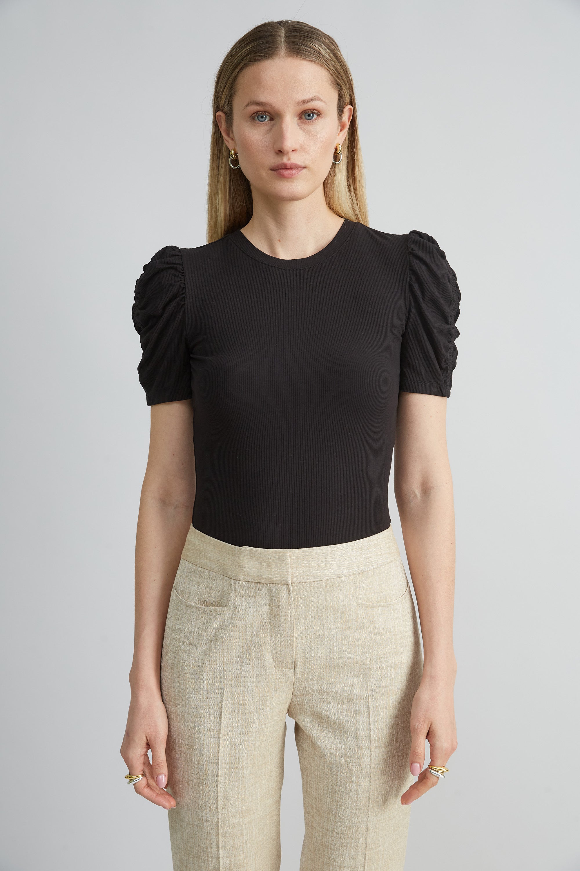 Puff Sleeve Rib Knit Sweater for Women - Cozy Winter Pullover with Elastic Cuffs - Perfect for Casual Outfits, Office Wear & Holiday Gatherings