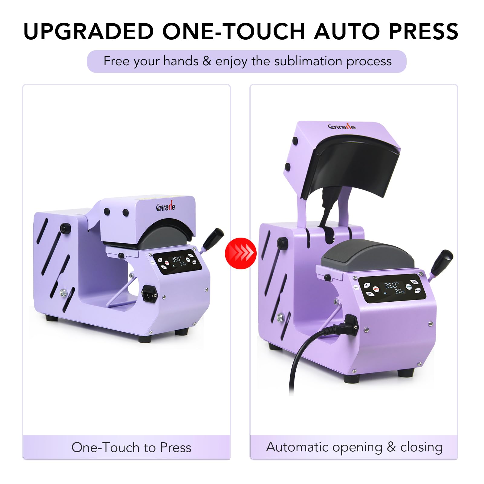 Giraffe Auto Hat Heat Press Machine for Caps, Hats, T-Shirts & Bags - Automatic Open/Release with Digital Control Panel - DIY Sublimation Printing for Custom Apparel & Promotional Products (Purple) - Perfect for Small Businesses, Crafters & Home Use