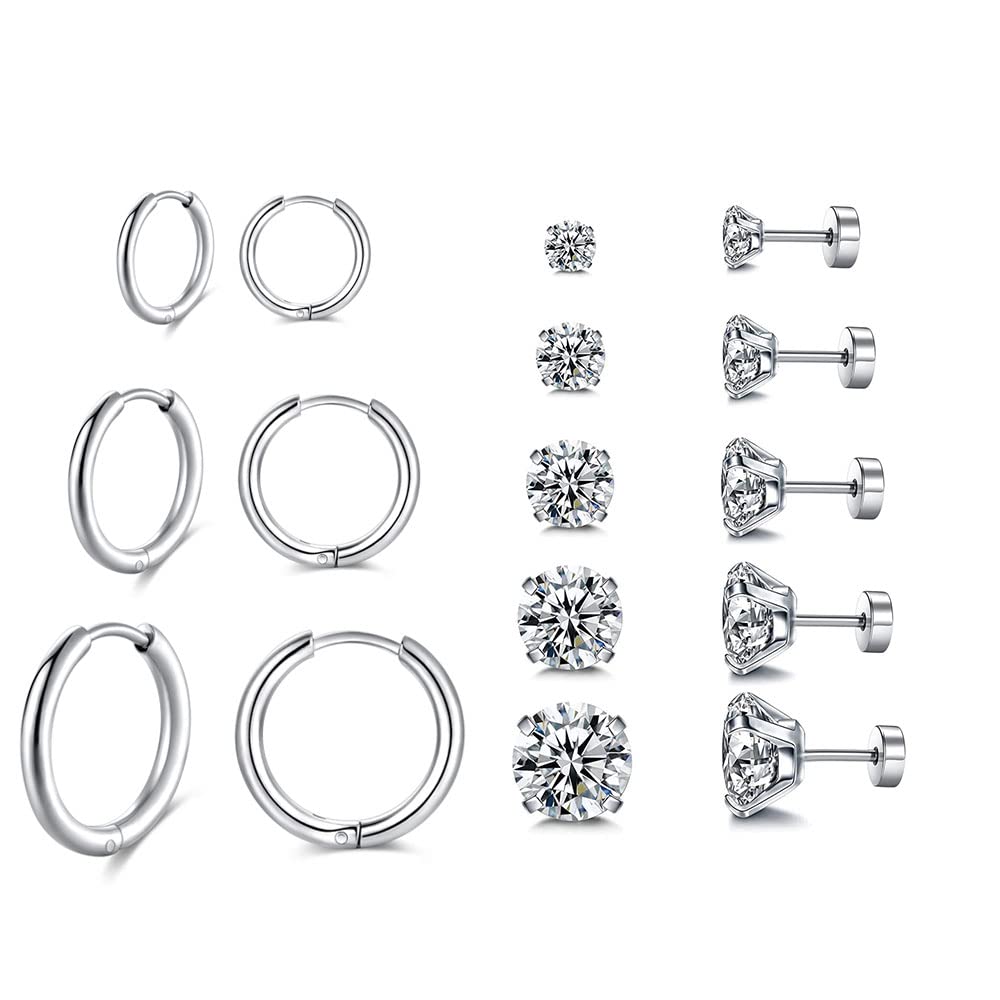 Hypoallergenic 14K Gold Plated Surgical Stainless Steel Stud & Hoop Earrings Set for Women & Men - 8 Pairs Dainty Cartilage, Flat Back CZ Earrings for Multiple Piercings | Perfect for Everyday Wear, Gifts & Special Occasions