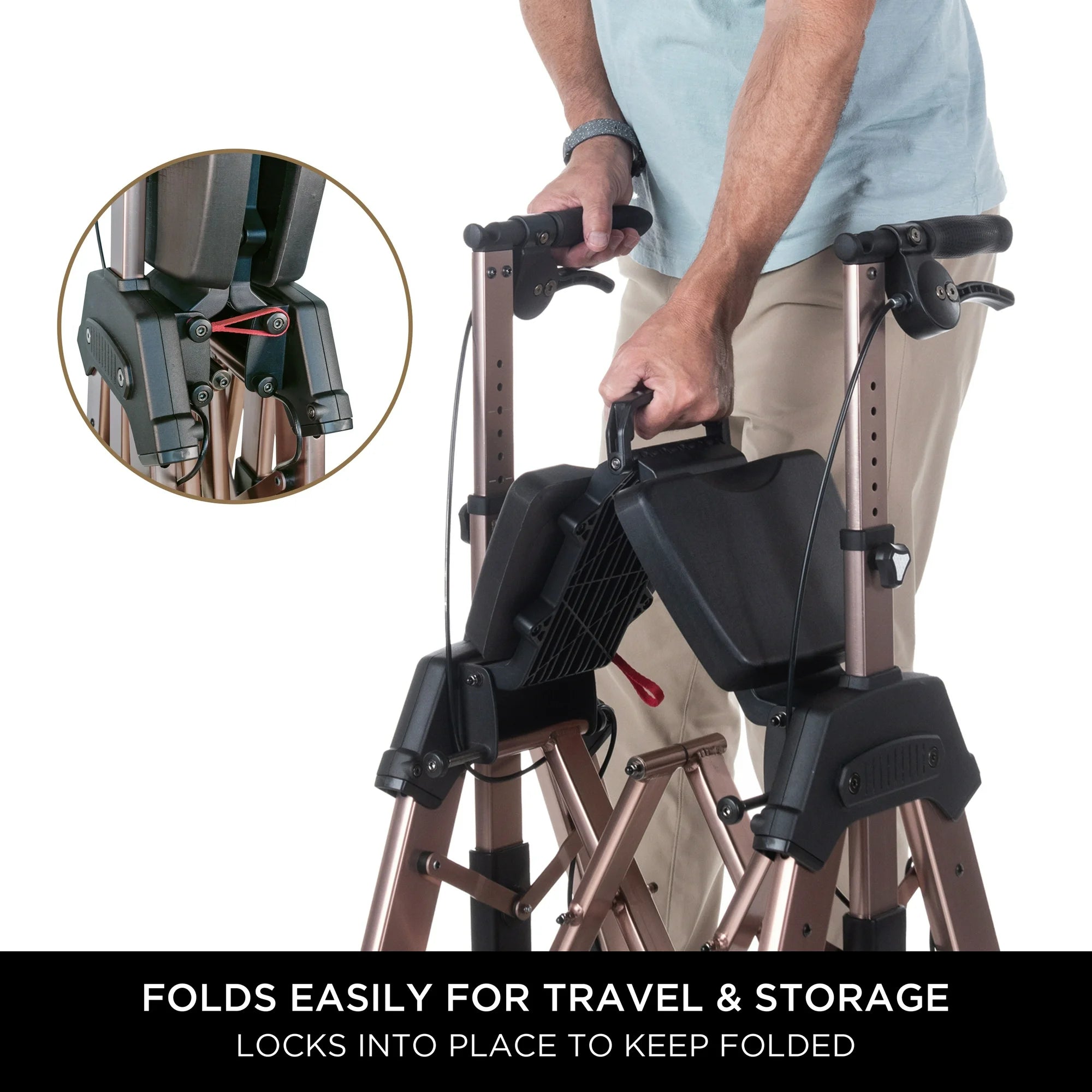 Signature Life Elite Travel Rollator HD - Lightweight Folding Walker with Seat & Basket, Champagne Gold - Ideal for Seniors & Mobility Assistance, Perfect for Shopping & Outdoor Activities