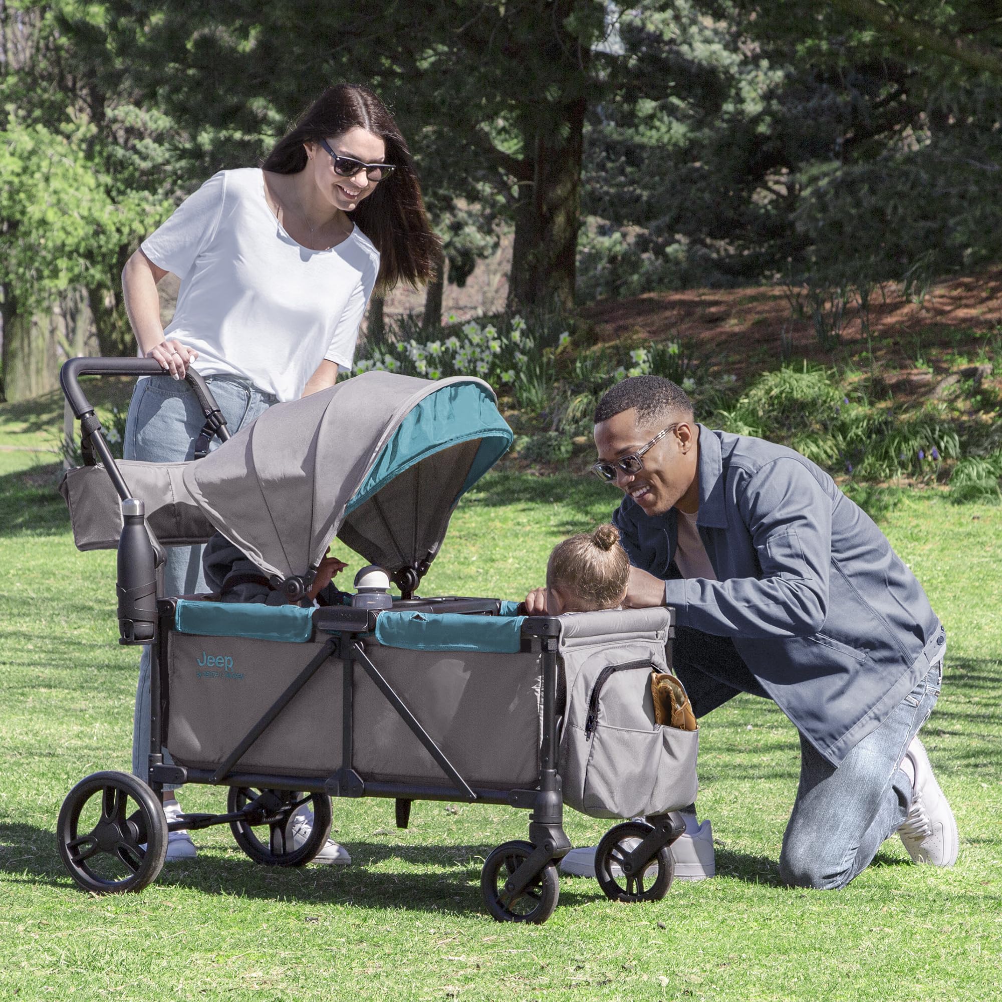 Delta Children Jeep Sport All-Terrain Stroller Wagon with Canopy, Parent Organizer & Snack Tray - Adjustable Handlebar, Cup Holders - Grey/Blue Moon - Perfect for Outdoor Adventures, Beach Trips and Family Outings