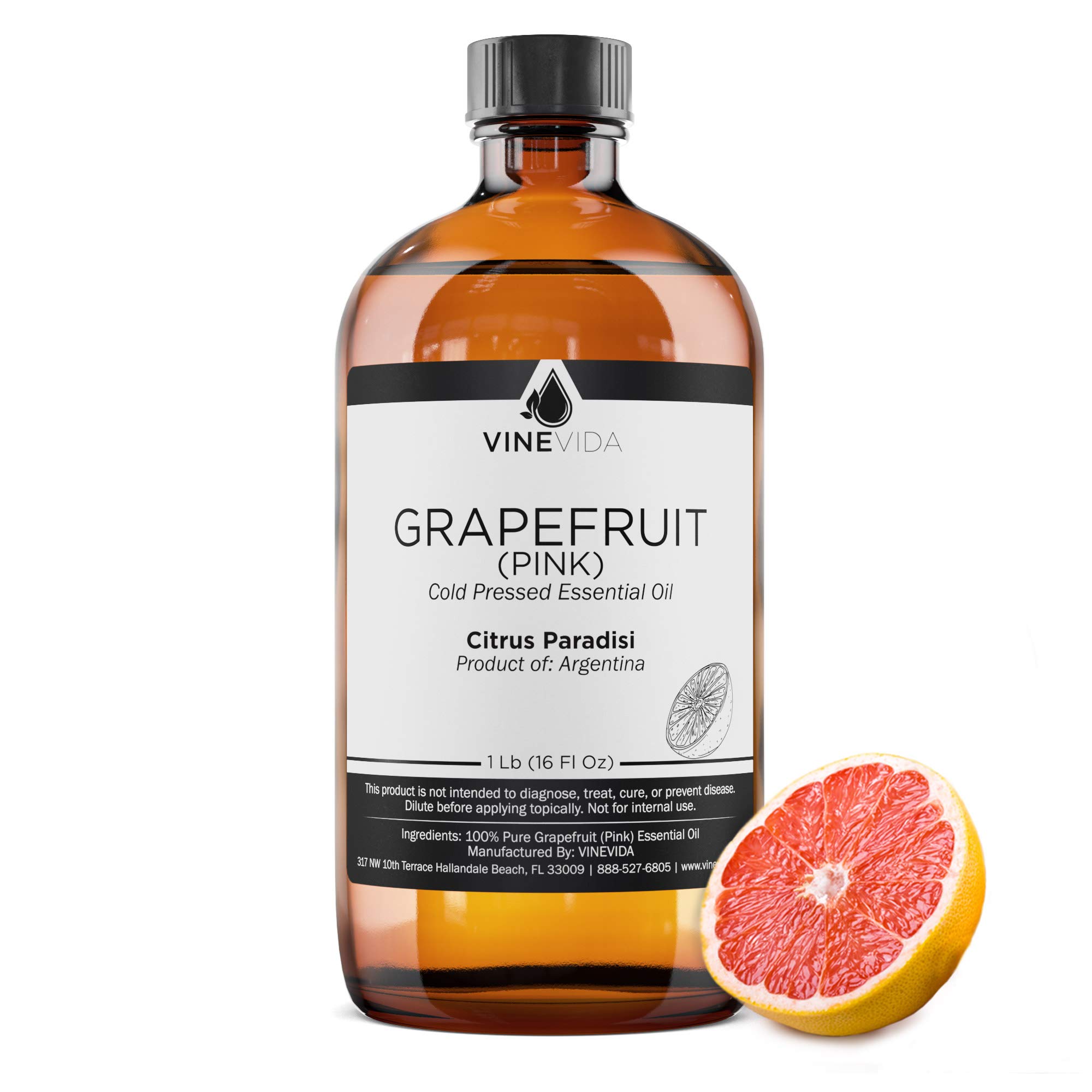 100% Pure Bulk Pink Grapefruit Essential Oil - 16oz (1 Pound) Undiluted Aromatherapy Oil in Glass Bottle for DIY Soaps, Candles, Diffusers & Skin Care - VINEVIDA - Perfect for Relaxation, Stress Relief & Home Fragrance