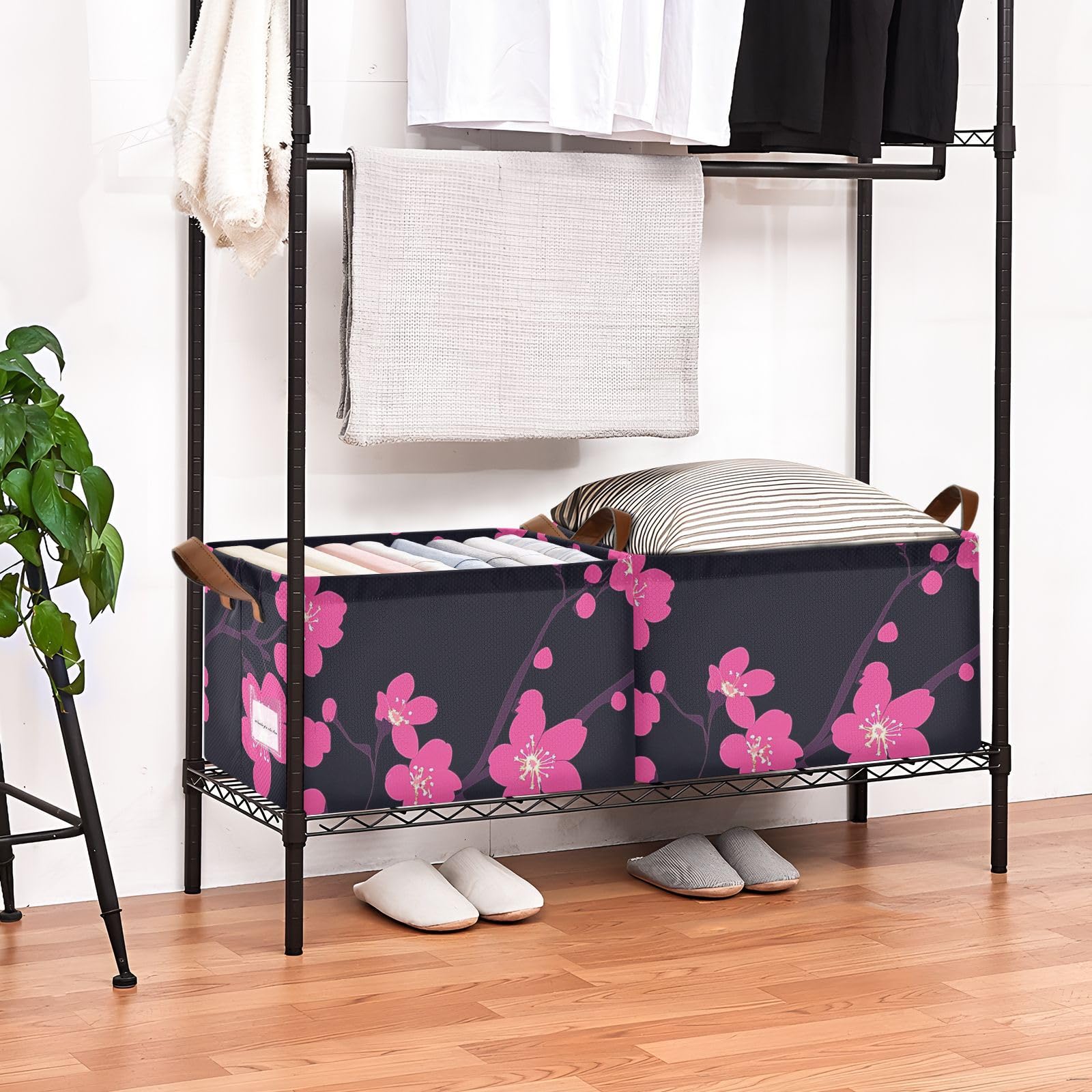 Cherry Blossom Pattern Foldable Storage Baskets with Handles - 2 Pack Decorative Organizer Bins for Closet, Shelves, Books & Home Organization | Perfect for Bedroom, Bathroom, and Office Storage Solutions