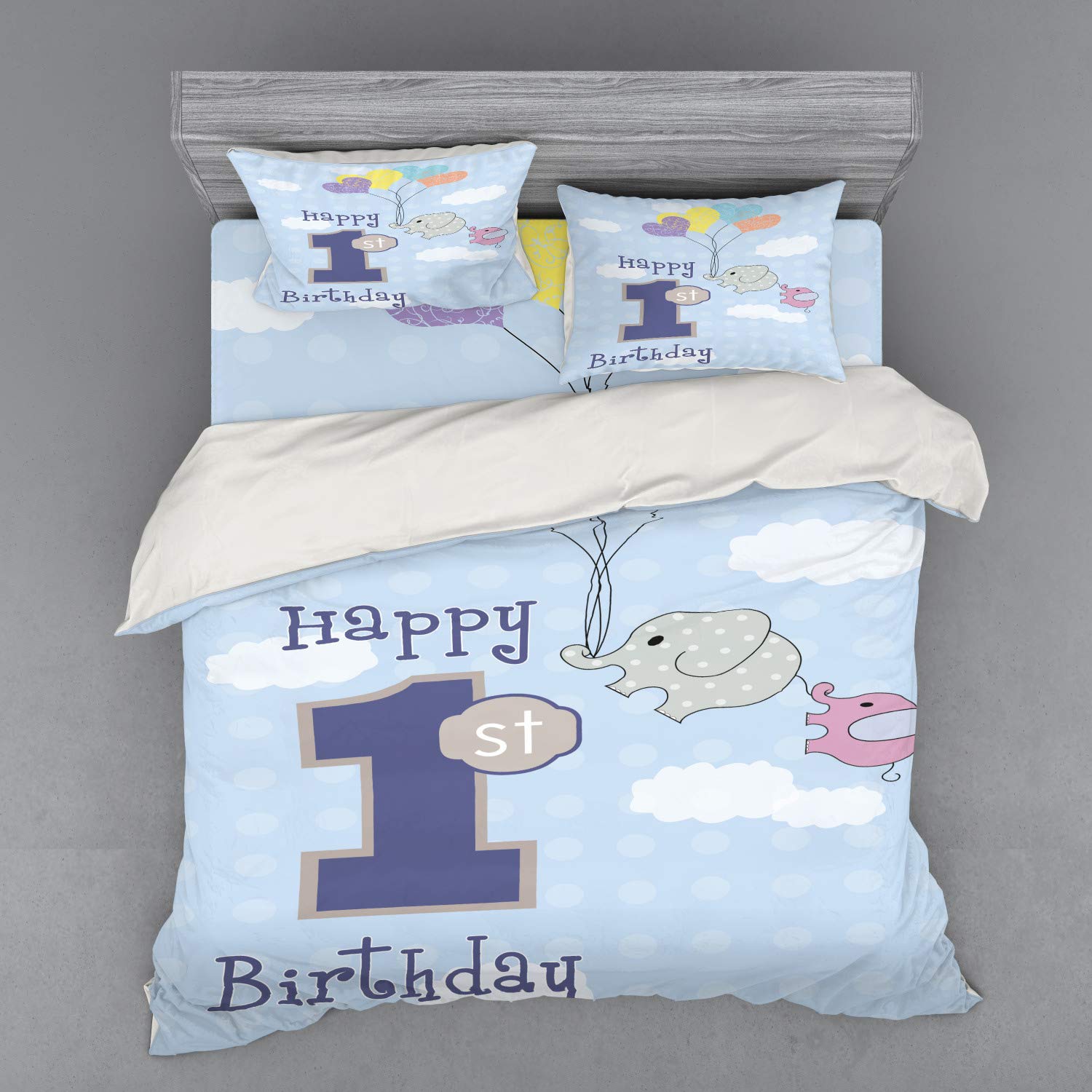 Ambesonne 1st Birthday Bedding Set - Elephant & Balloons Hand-Drawn Design, 4-Piece Duvet Cover Set with Shams & Fitted Sheet, King Size, Sky Blue & Grey - Perfect for Baby Showers, Nursery Decor & First Birthday Party Themes