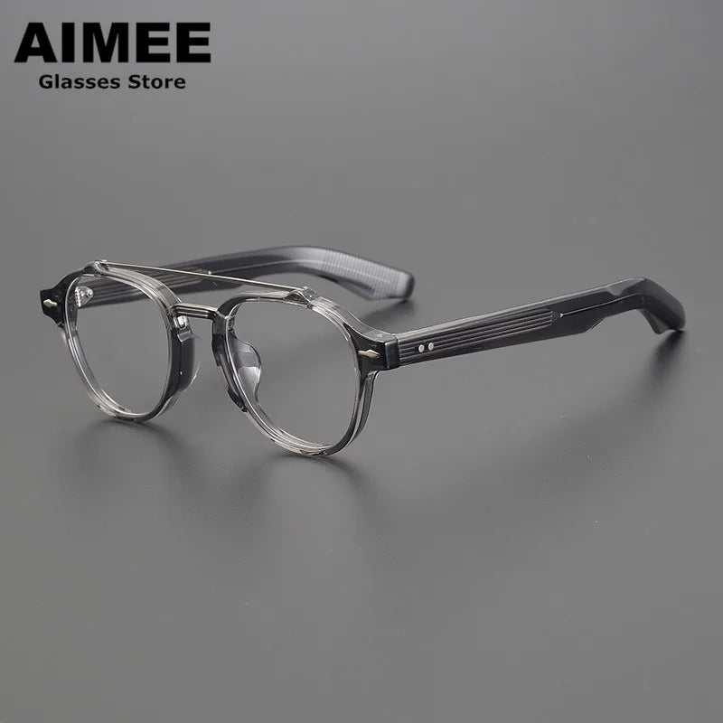 Aimee Unisex Full Rim Round Double Bridge Acetate Titanium Eyeglasses Frame 6818 - Lightweight & Durable Glasses for Work, Reading & Fashion
