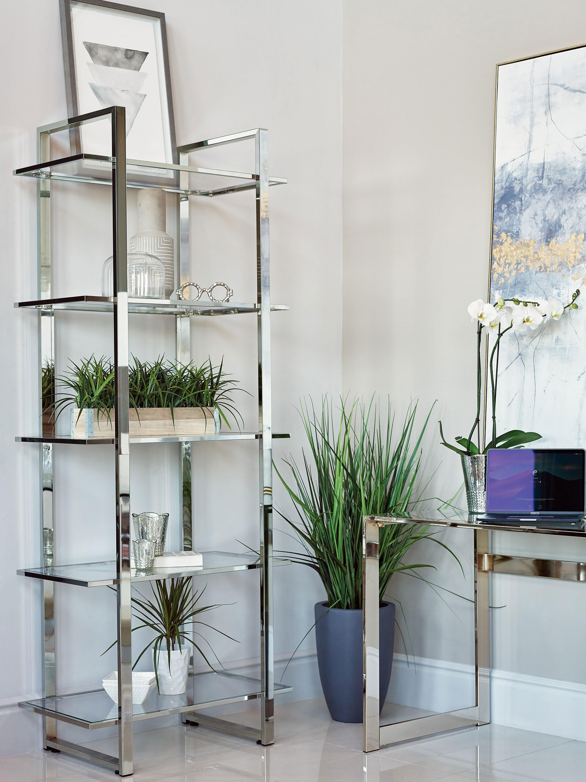 Coaster Home Furnishings Hartford Glass Shelf Bookcase with Chrome Frame - Modern Display Shelf for Living Room, Bedroom or Office Storage