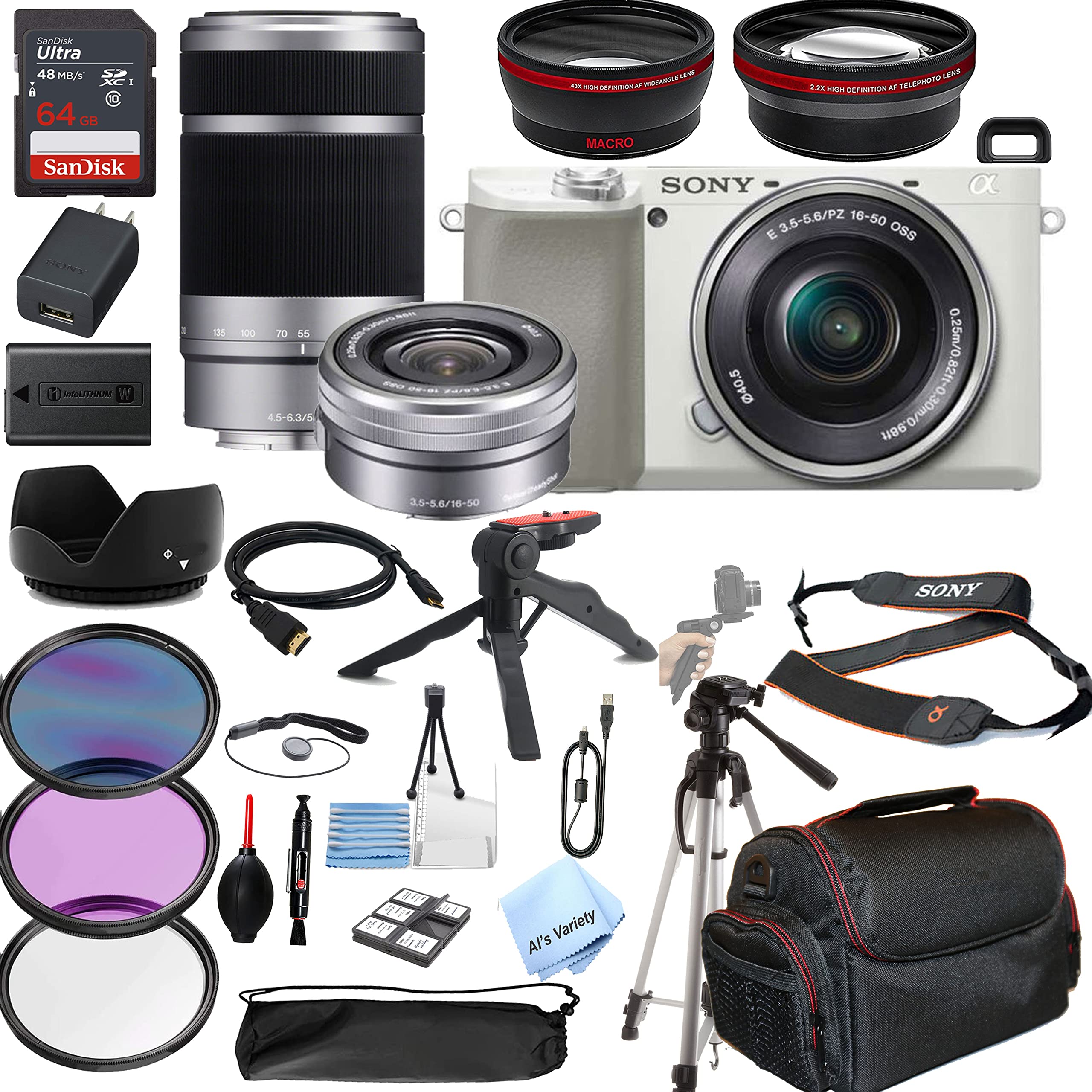 Sony Alpha a6100 Mirrorless Camera Bundle with 16-50mm & 55-210mm Lenses - 30PC Accessories Kit Includes 64GB Memory Card, Wide Angle Lens, Telephoto Lens, Filters, Tripod & Case - Perfect for Travel, Vlogging & Photography Enthusiasts