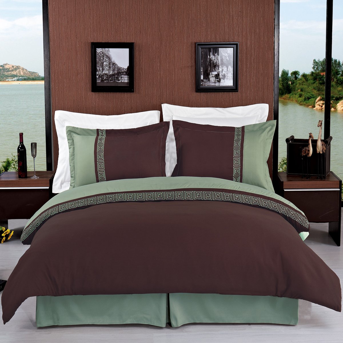 Royal Hotel Luxury Bedding Set - Sage & Chocolate Embroidered 8-Piece Queen Bed in a Bag | Soft Comforter, Sheet Set & Pillowcases | Perfect for Guest Rooms, Hotels & Cozy Bedroom Decor