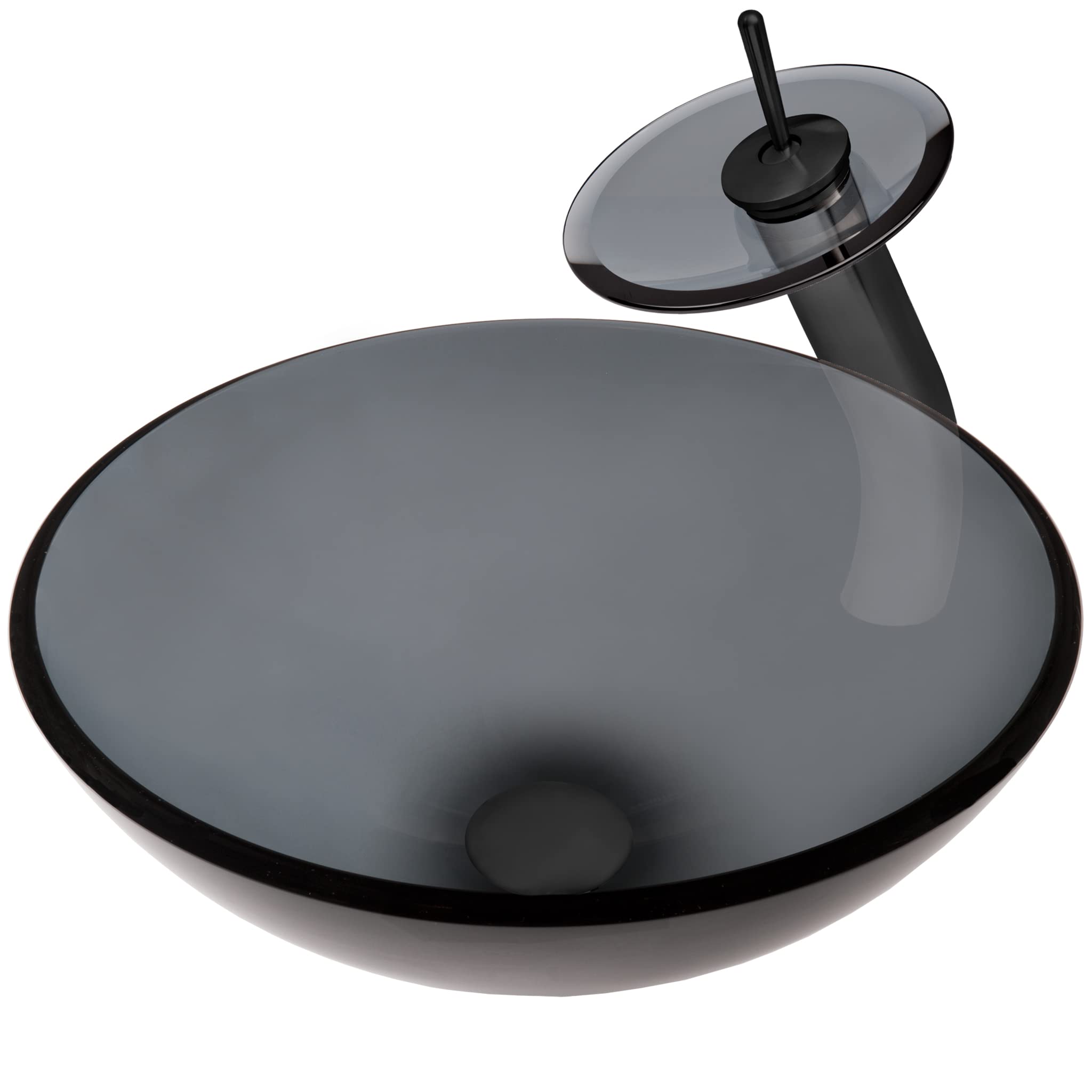Clear Grey Glass Vessel Bathroom Sink with Matte Black Faucet Set - Modern Above Counter Basin for Powder Room, Guest Bath, or Master Suite