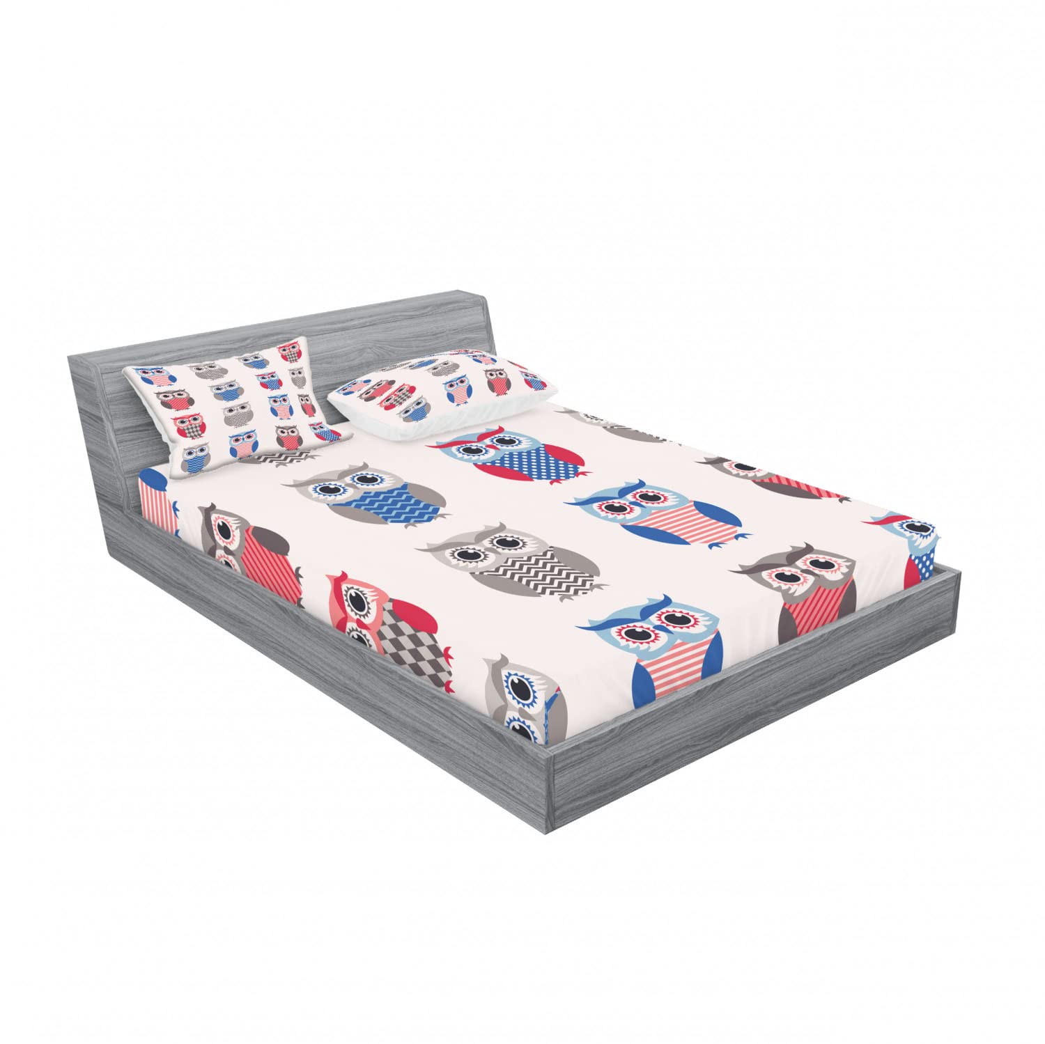 Lunarable 2-Pack Full Size Fitted Sheet & Pillow Sham Set - Owl Polka Dot Pattern (Red, Grey, Blue) | 4-Piece Bedding Decor Includes 2 Fitted Sheets & 4 Pillow Covers | Perfect for Kids Rooms, Nursery Decor & Themed Bedrooms