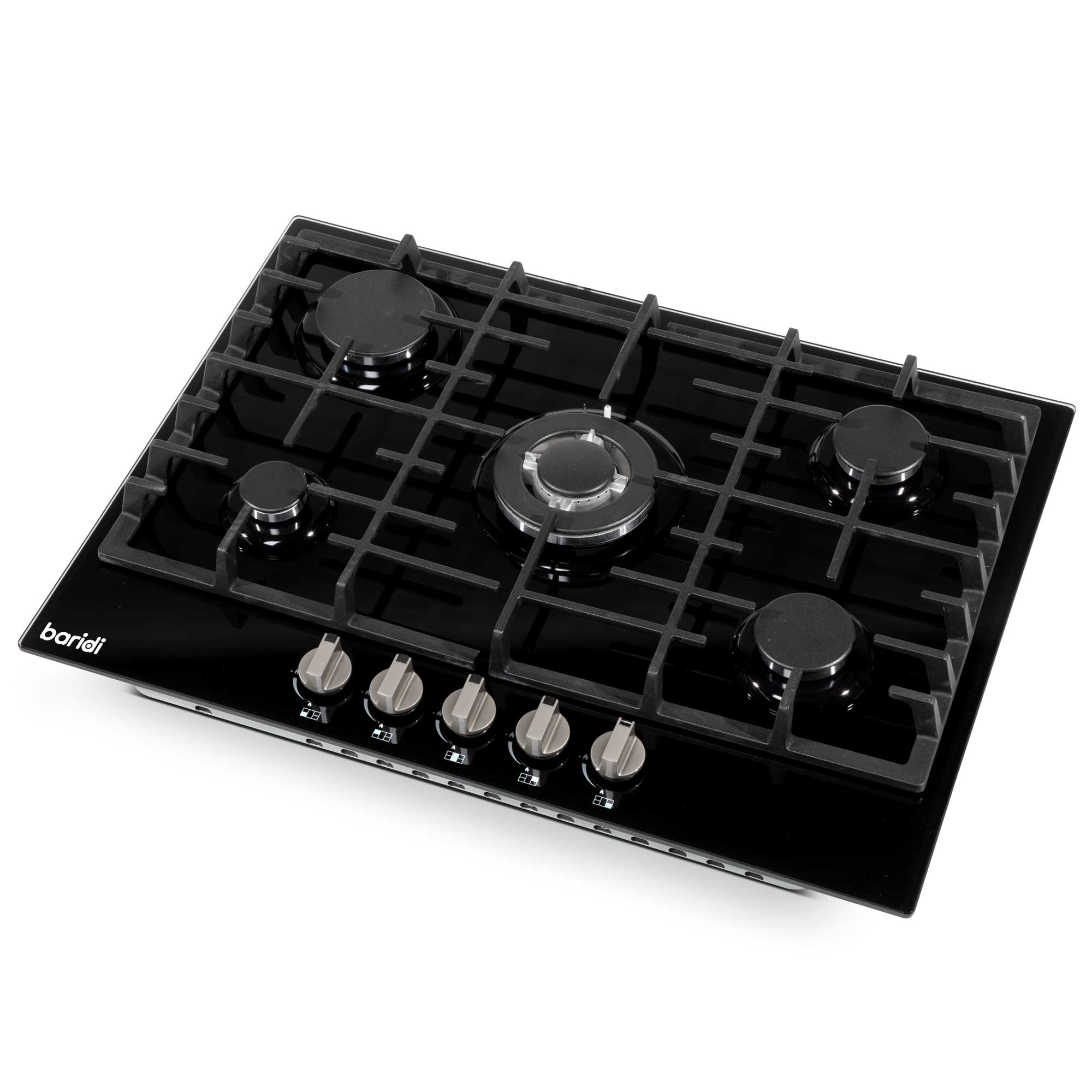Baridi 70cm Built-In Gas on Glass Hob - 5 Burner Cooktop with Cast Iron Pan Supports, Black Glass Surface - Perfect for Modern Kitchens & Professional Cooking | Model DH228