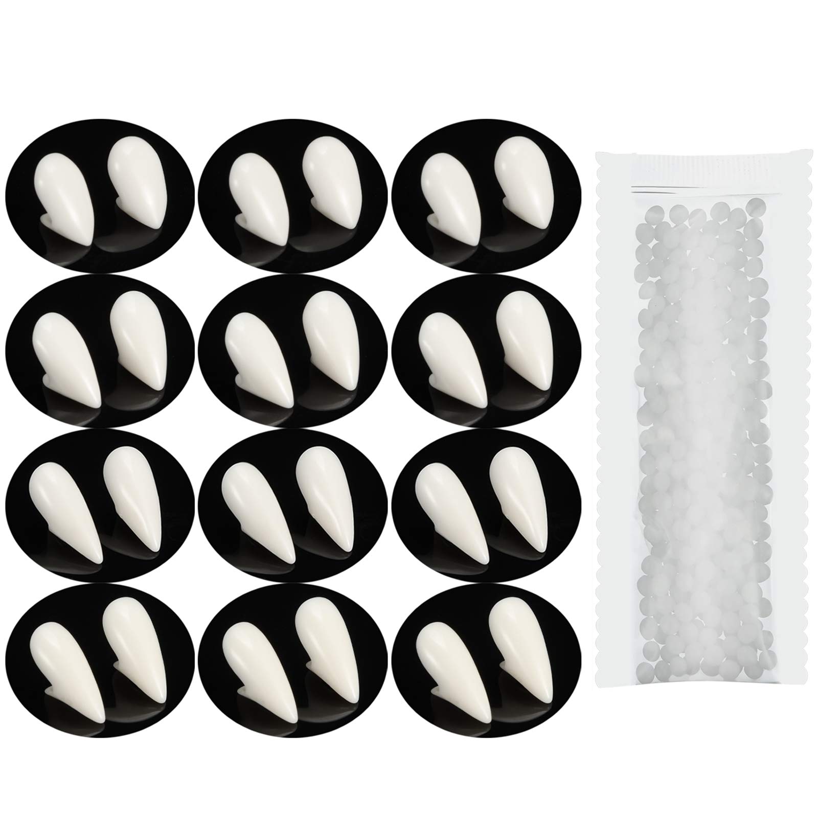 BBTO 12 Pairs Vampire Teeth Fangs - Halloween Costume Accessories, Scary Cosplay Dentures with Adhesive Pellets for Halloween Party, Horror Movie Props & Gothic Makeup (White) - Perfect for Halloween Parties, Cosplay Events, Horror Film Productions and Themed Photo Shoots