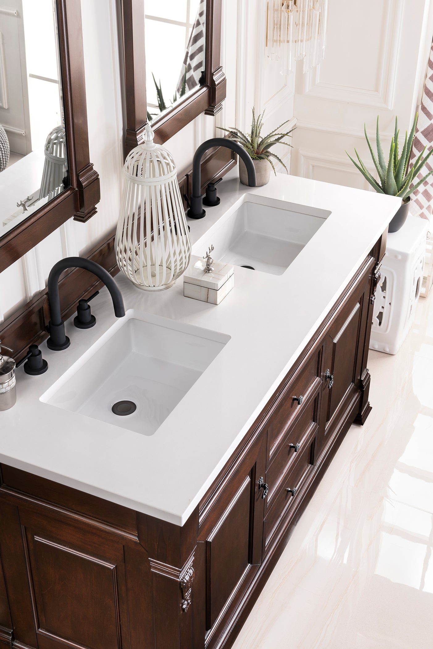 Brookfield 60-Inch Double Vanity with Burnished Mahogany Base & 3CM Classic White Quartz Top - Perfect for Master Bathroom & Luxury Home Renovation