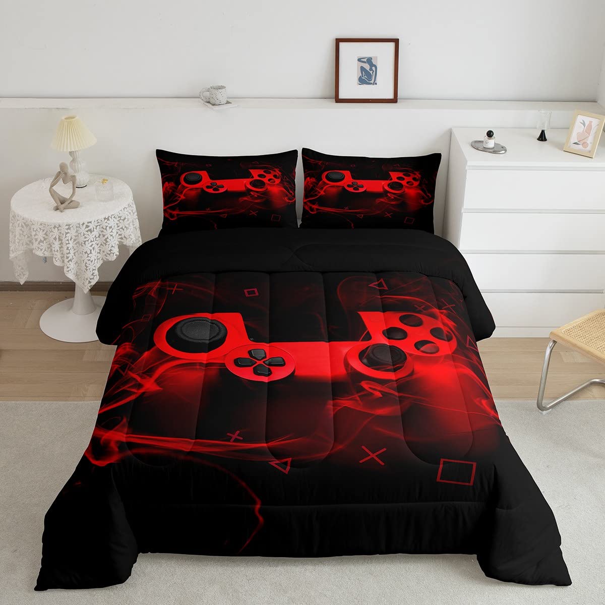 Kids Gaming Comforter Set - Full Size Gamepad Design Bedding for Boys & Teens - Includes 1 Comforter & 2 Pillowcases (Red/Black) - Perfect for Gamer Room Decor & Sleepovers