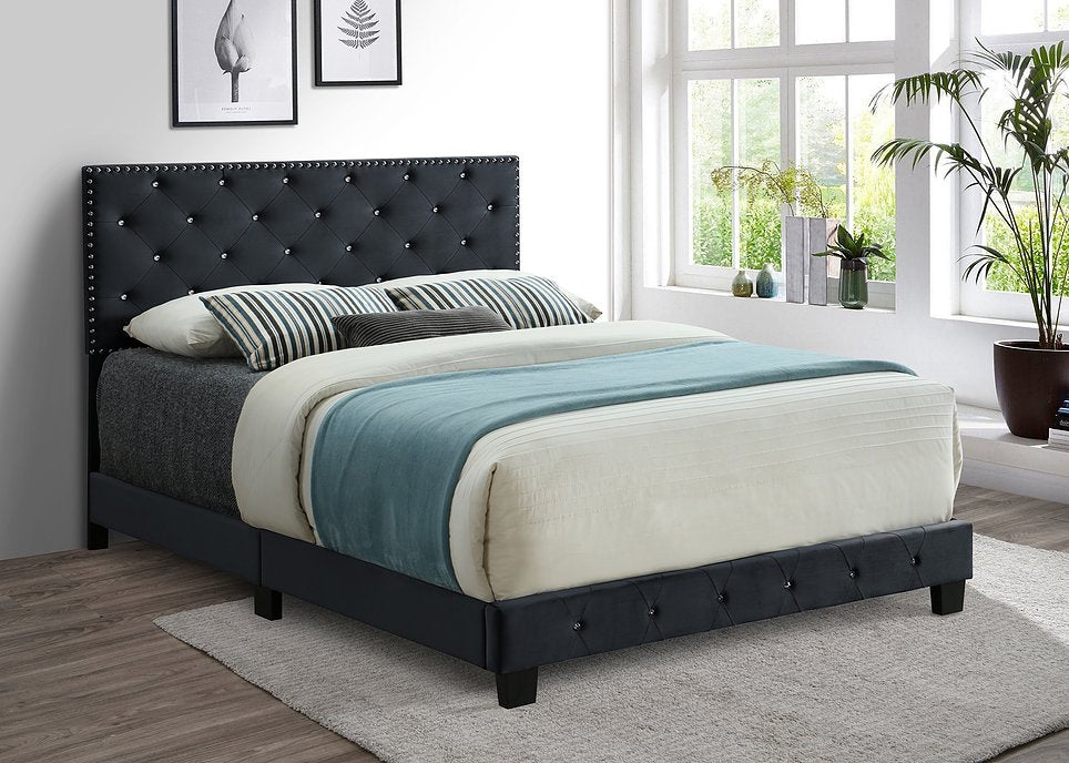 Luxury Black Velvet Upholstered Bed Frame with Nailhead Trim & Rhinestone Accents - Elegant Queen Size Bedroom Furniture for Master Bedroom Decor