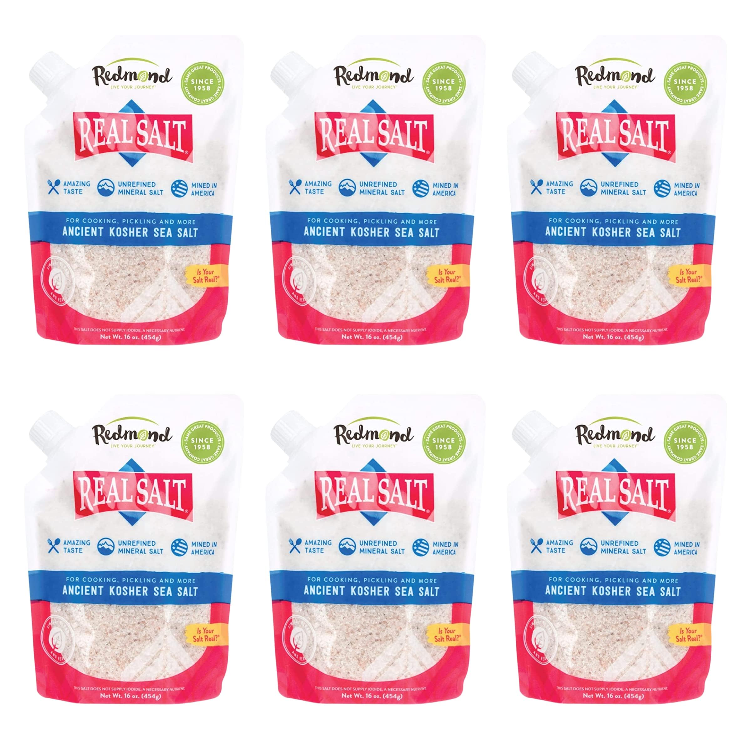 Redmond Real Sea Salt - Natural Unrefined, Gluten Free, Kosher Certified, 16oz Pouch (6 Pack) - Perfect for Cooking, Baking & Seasoning Dishes