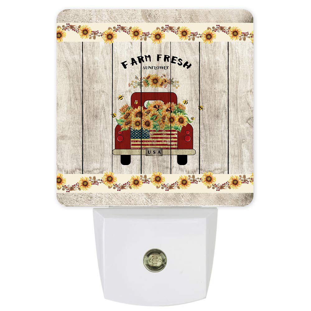 LED Night Light Plug in for Bedroom - Farmhouse Sunflower Car Rustic Wooden Board Wall Light with Sensor, Nursery Decor for Kids Boys Girls | Perfect for Bedrooms, Hallways, Kids' Rooms & Nighttime Safety