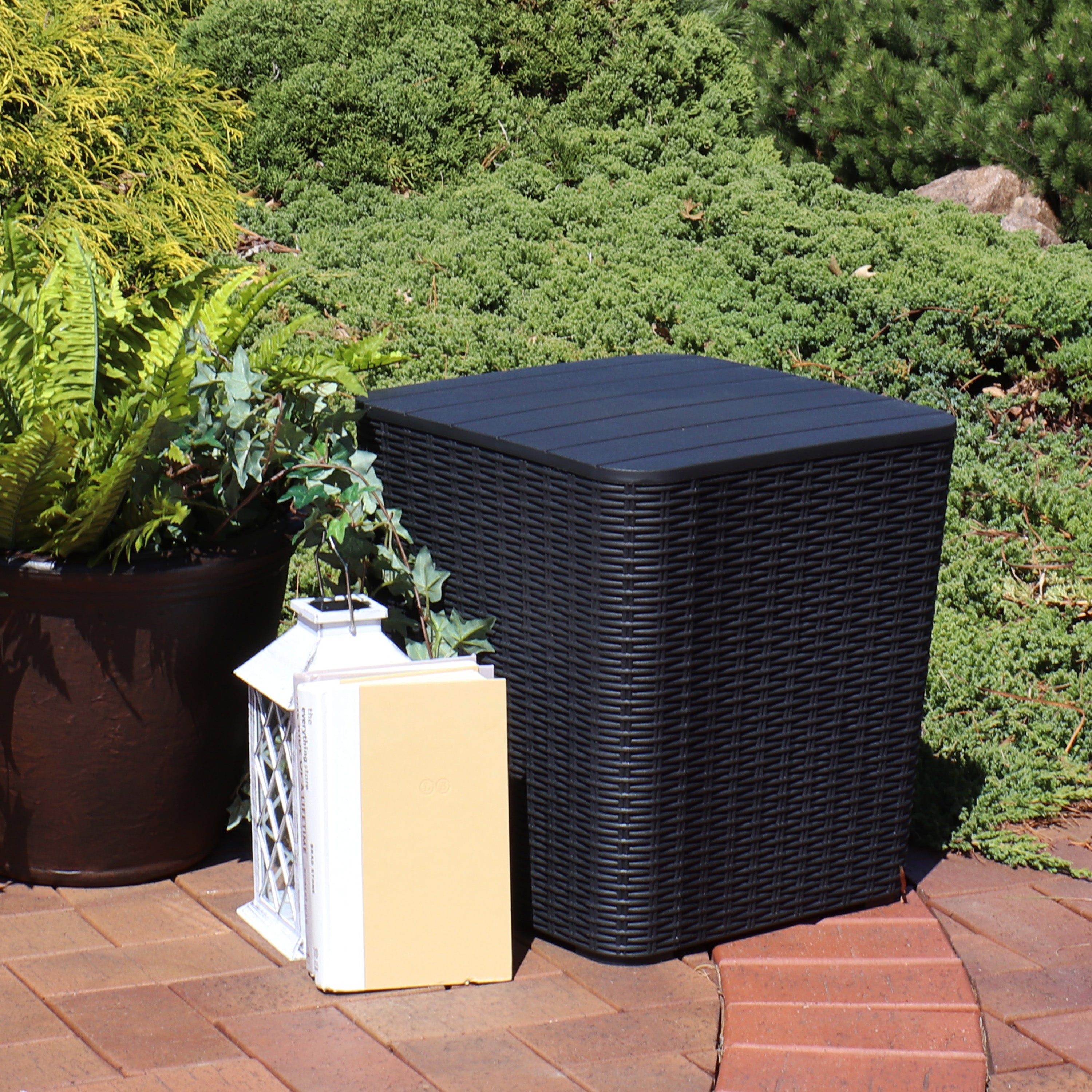 Sunnydaze Outdoor Side Table with Storage - Rattan Design, 11.5 Gallon Capacity - Perfect for Patio, Garden, Poolside & Balcony Decor